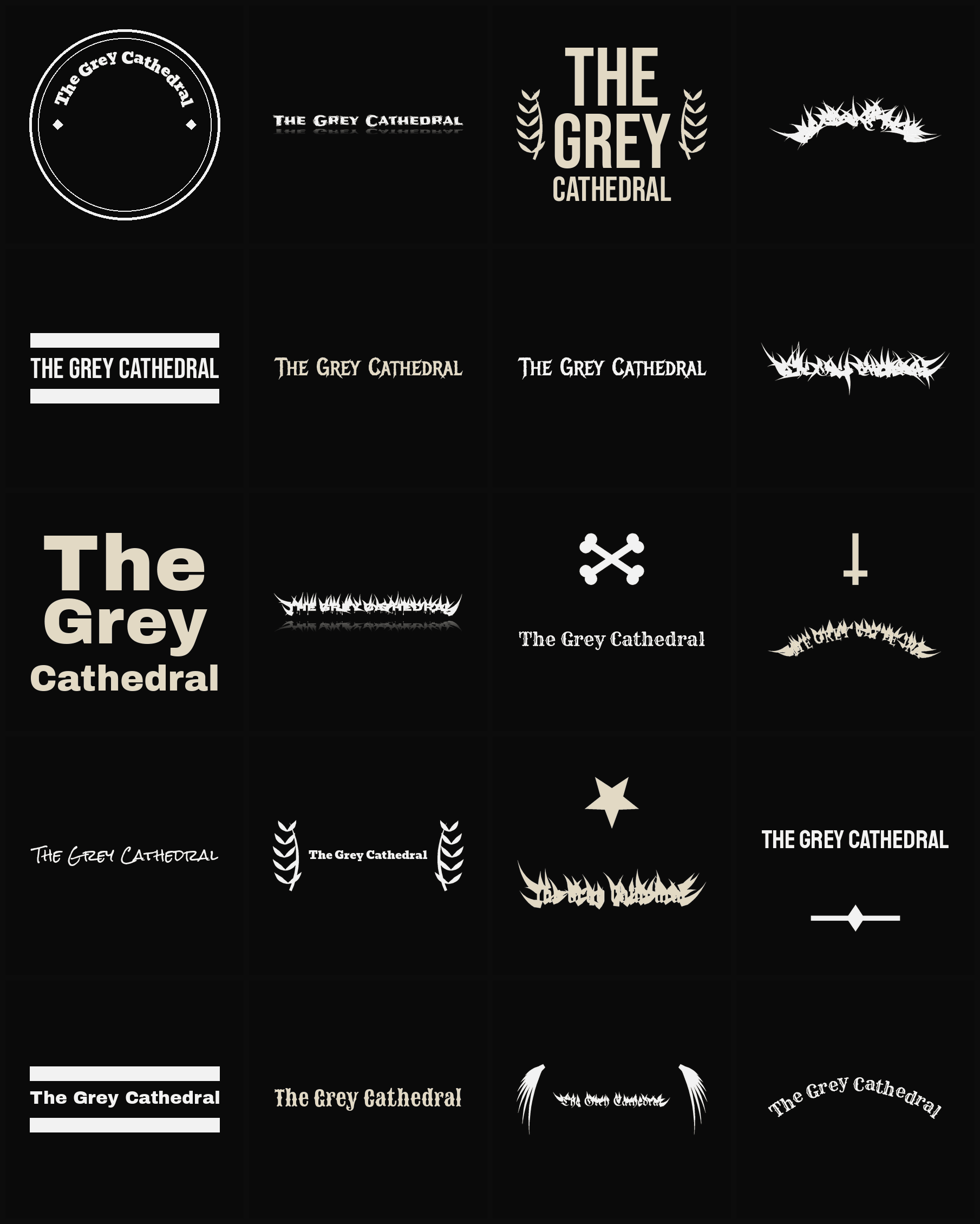 Twenty The Grey Cathedral band logo ideas — different faces, treatments and spike settings