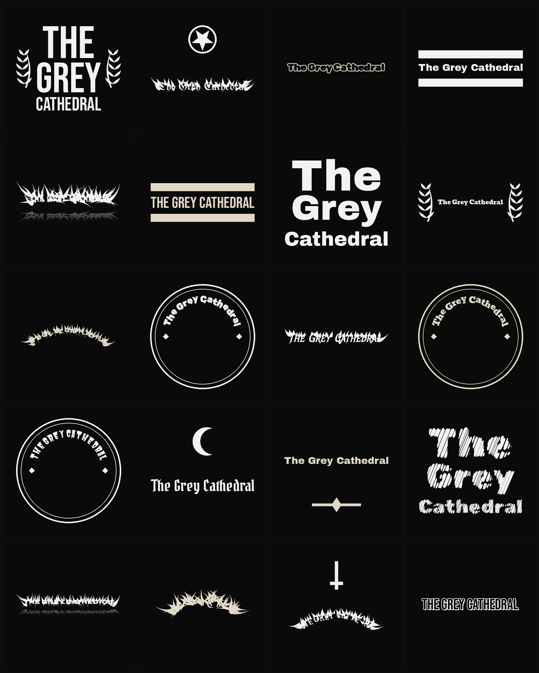 Twenty The Grey Cathedral band logo ideas — different faces, treatments and spike settings
