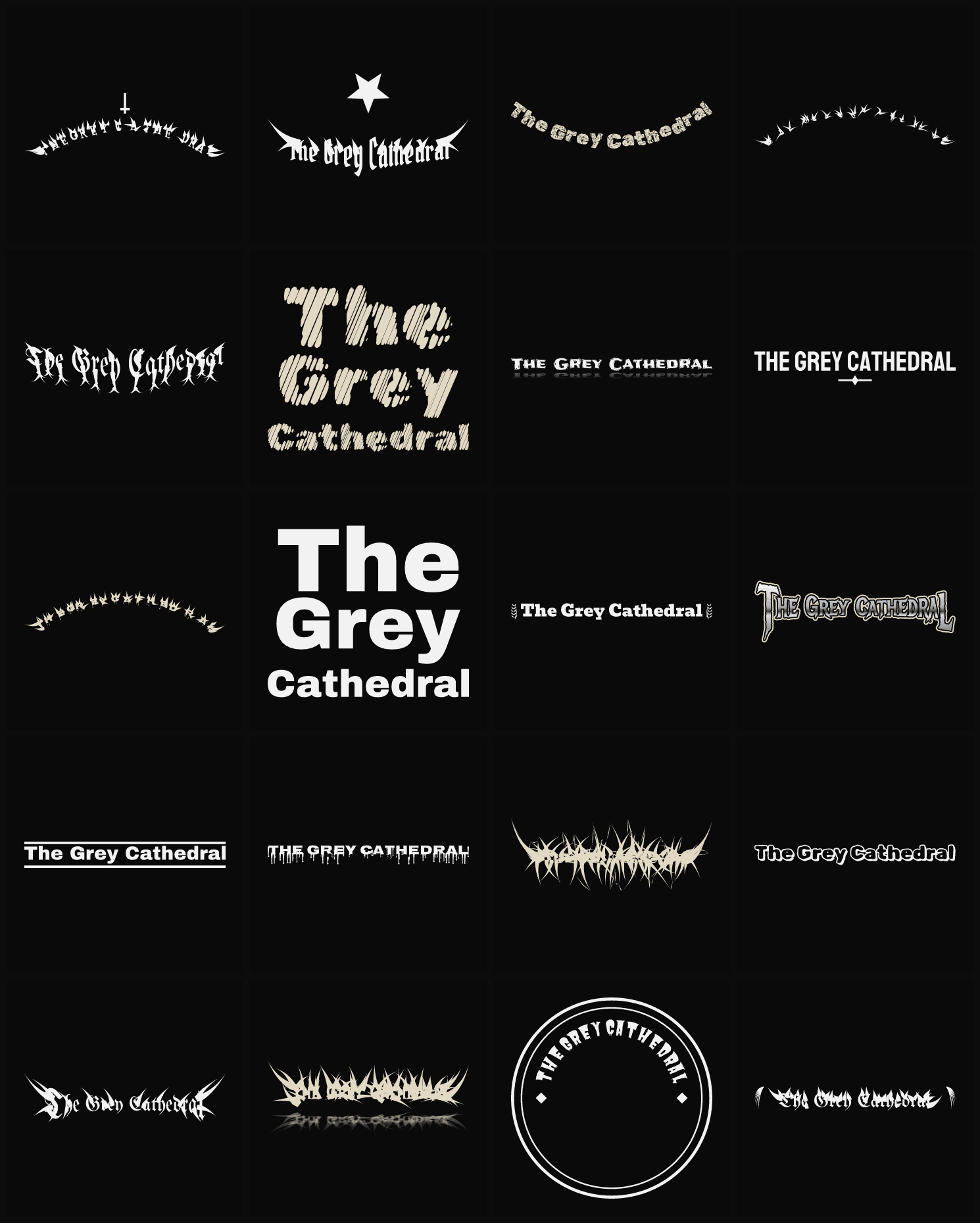 Twenty The Grey Cathedral band logo ideas — different faces, treatments and spike settings
