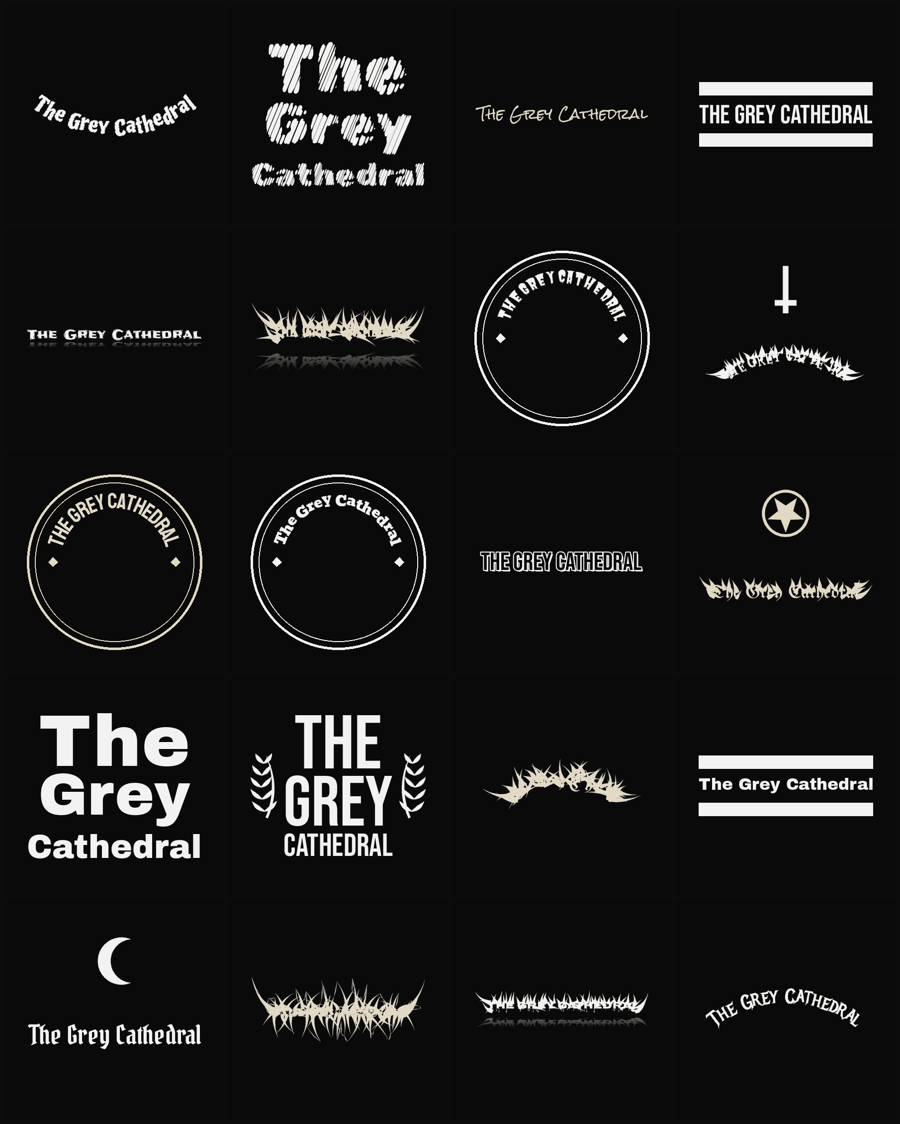 Twenty The Grey Cathedral band logo ideas — different faces, treatments and spike settings