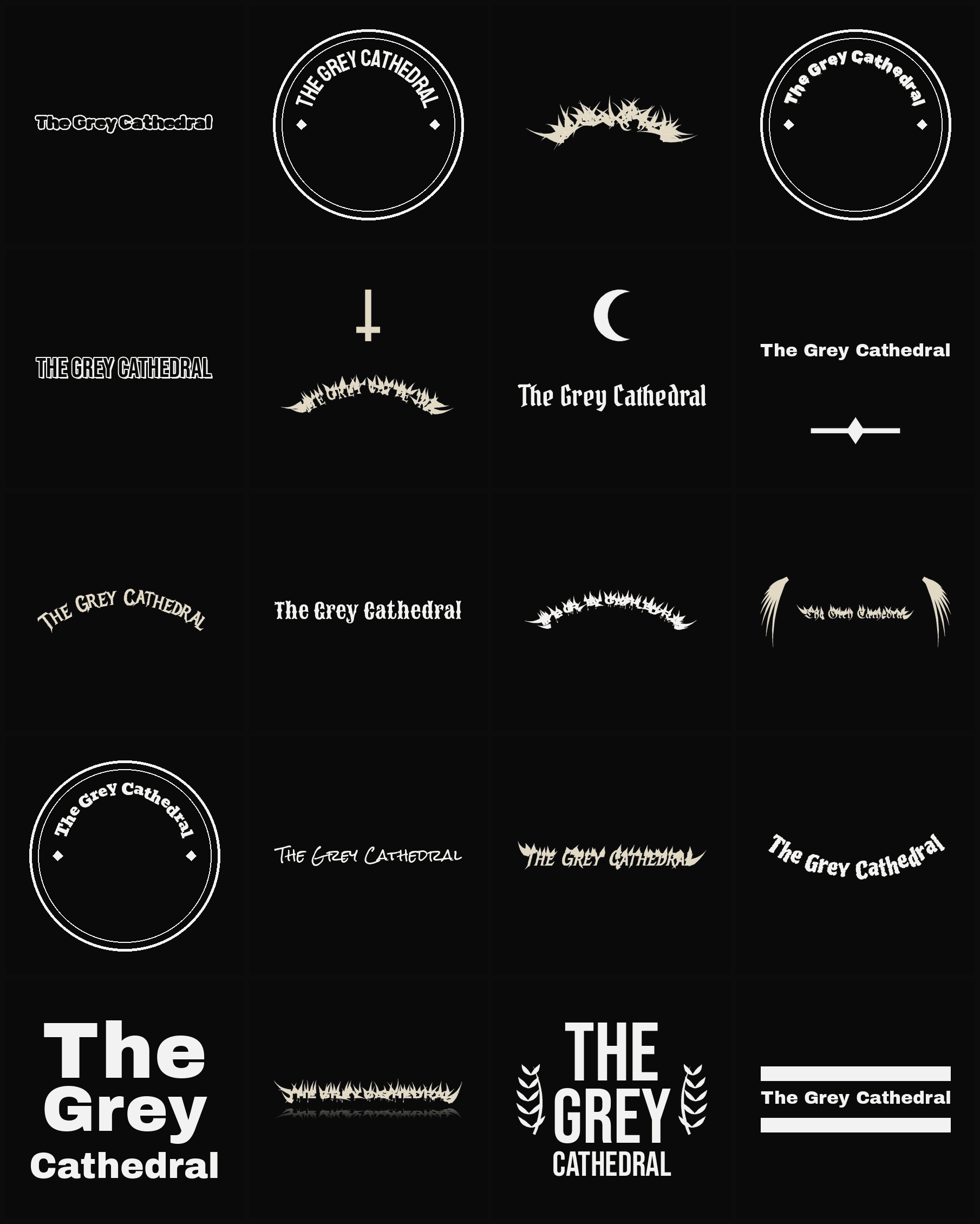 Twenty The Grey Cathedral band logo ideas — different faces, treatments and spike settings