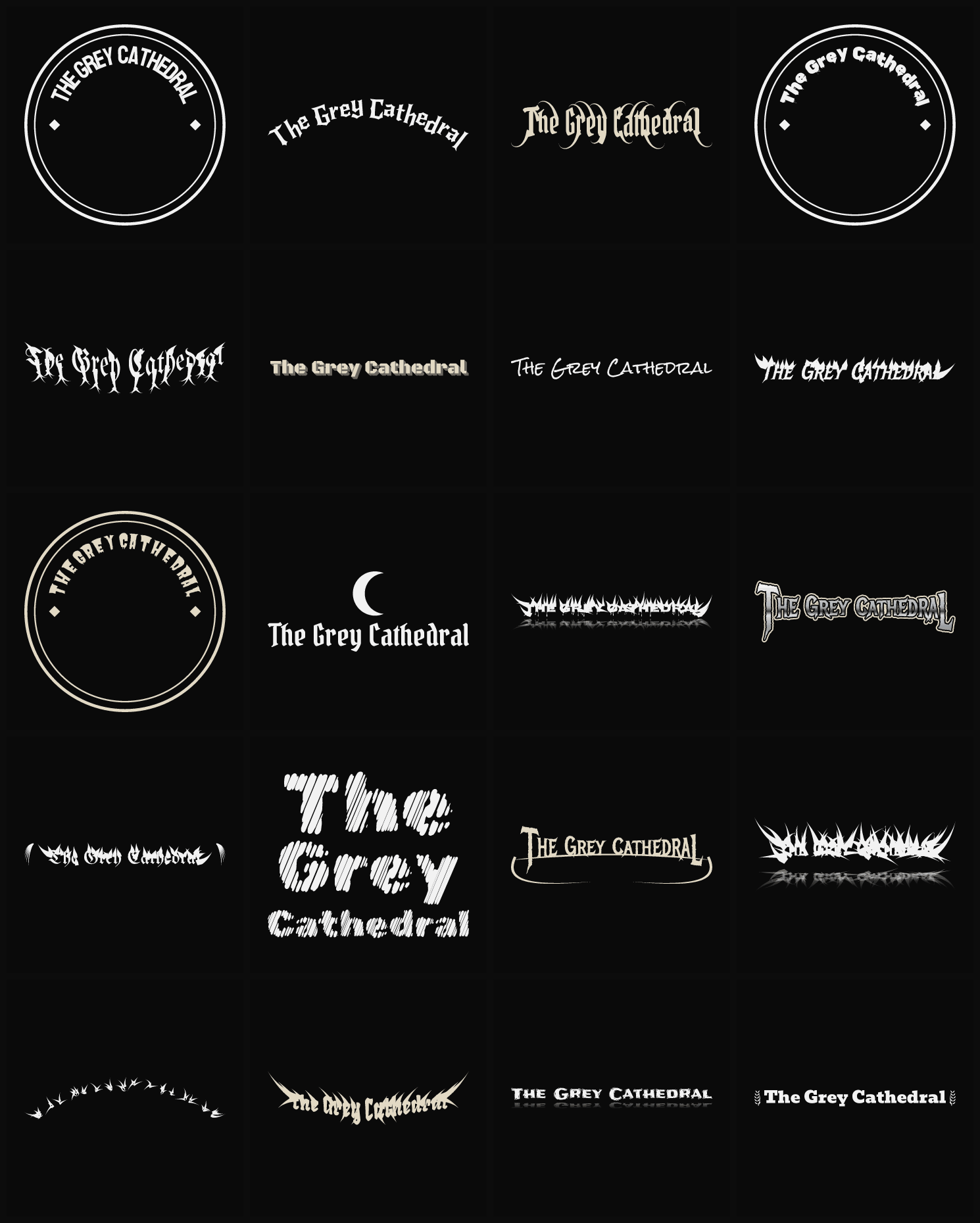 Twenty The Grey Cathedral band logo ideas — different faces, treatments and spike settings