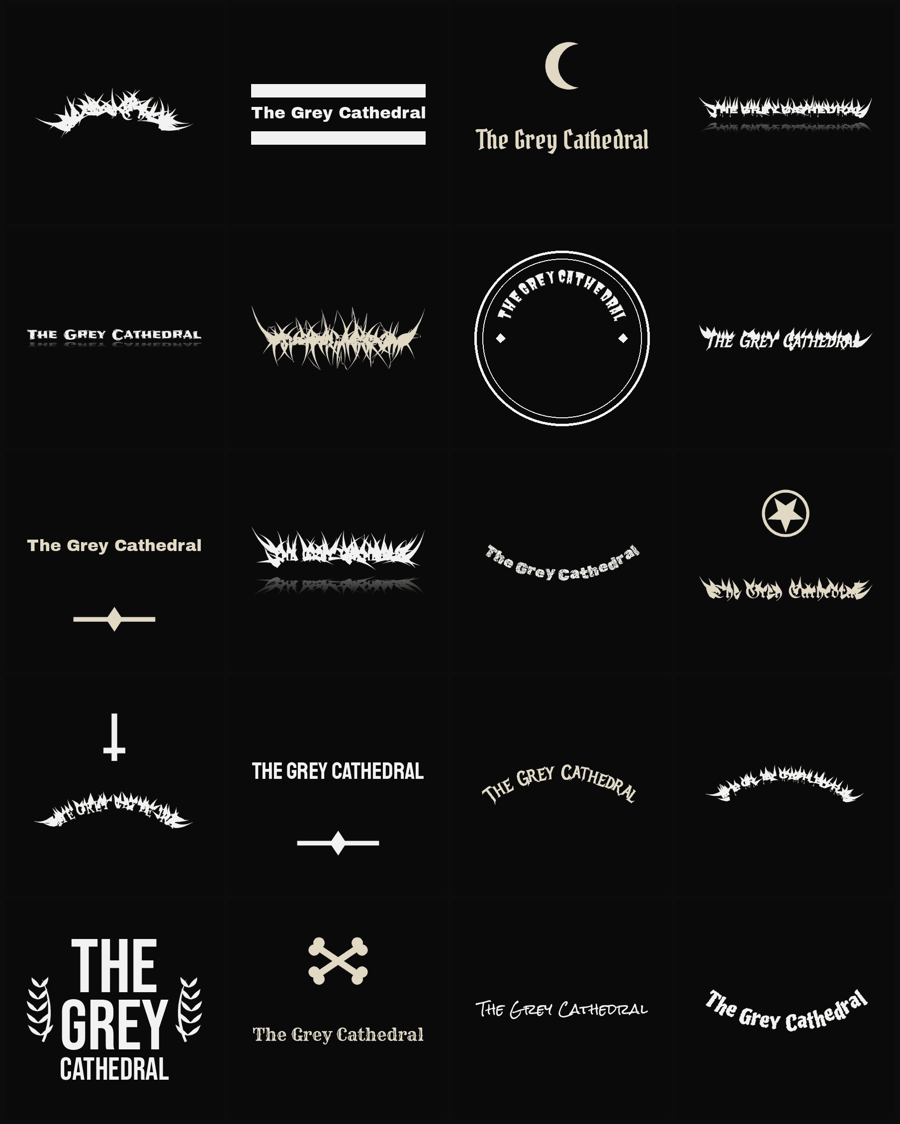 Twenty The Grey Cathedral band logo ideas — different faces, treatments and spike settings