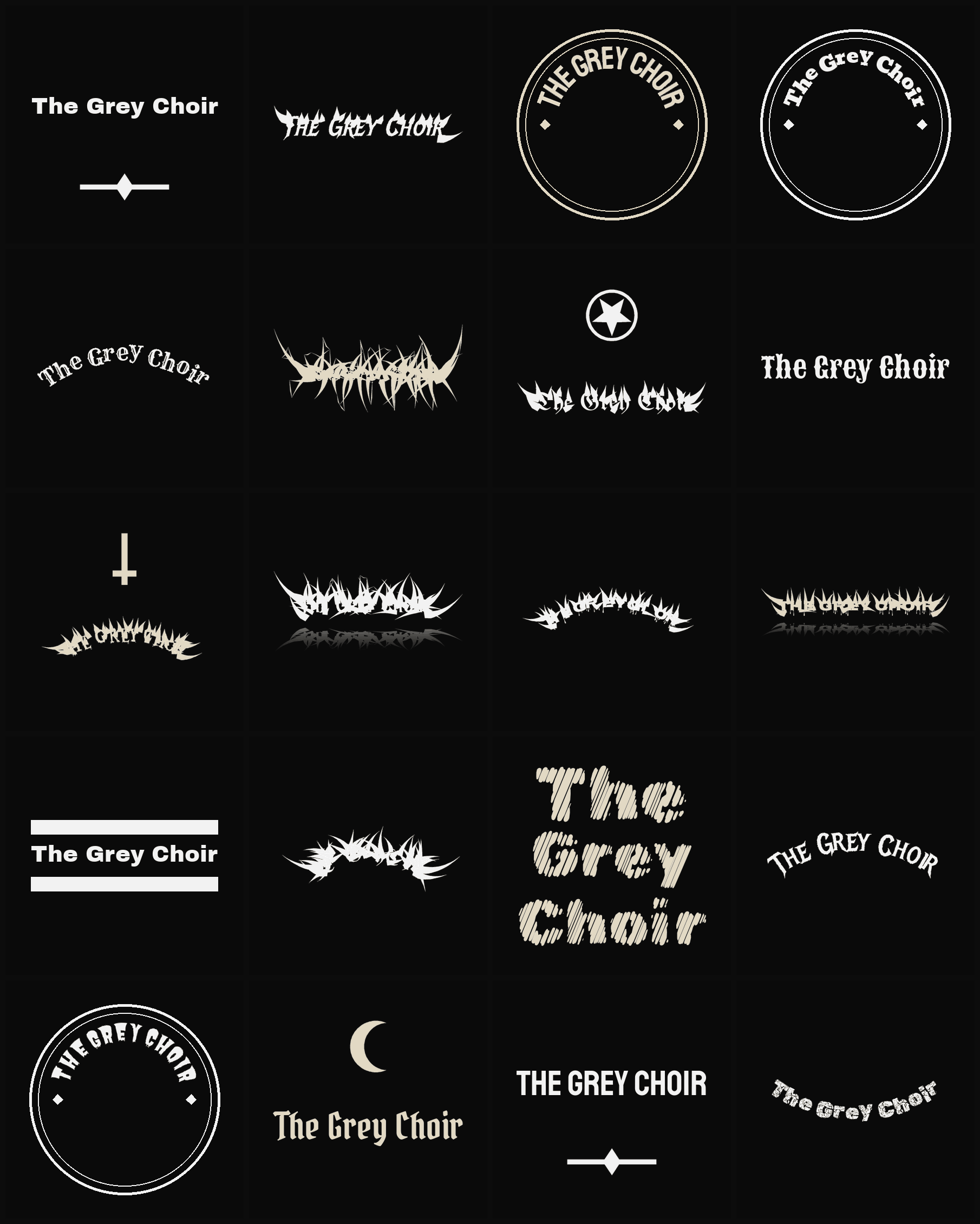 Twenty The Grey Choir band logo ideas — different faces, treatments and spike settings