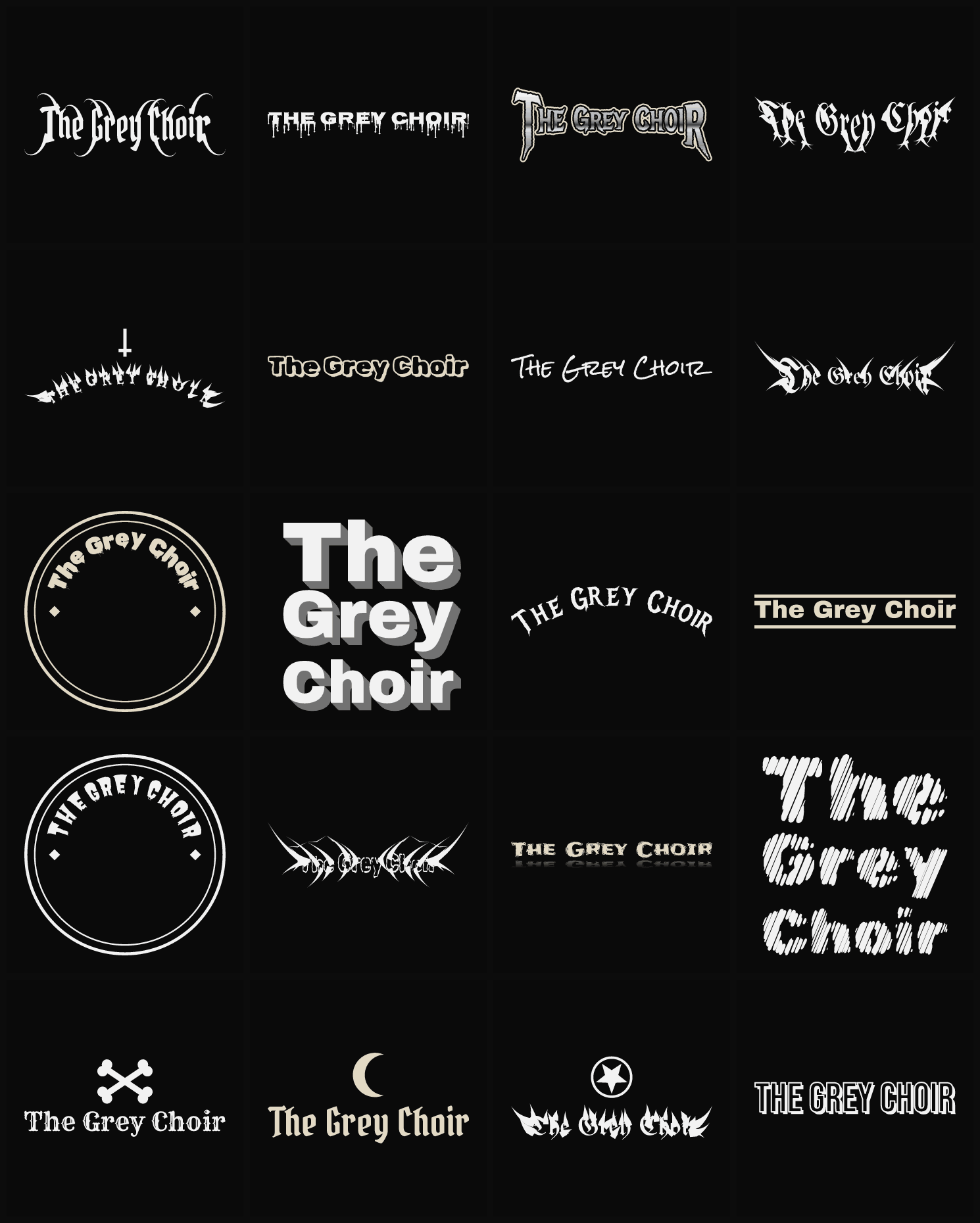 Twenty The Grey Choir band logo ideas — different faces, treatments and spike settings