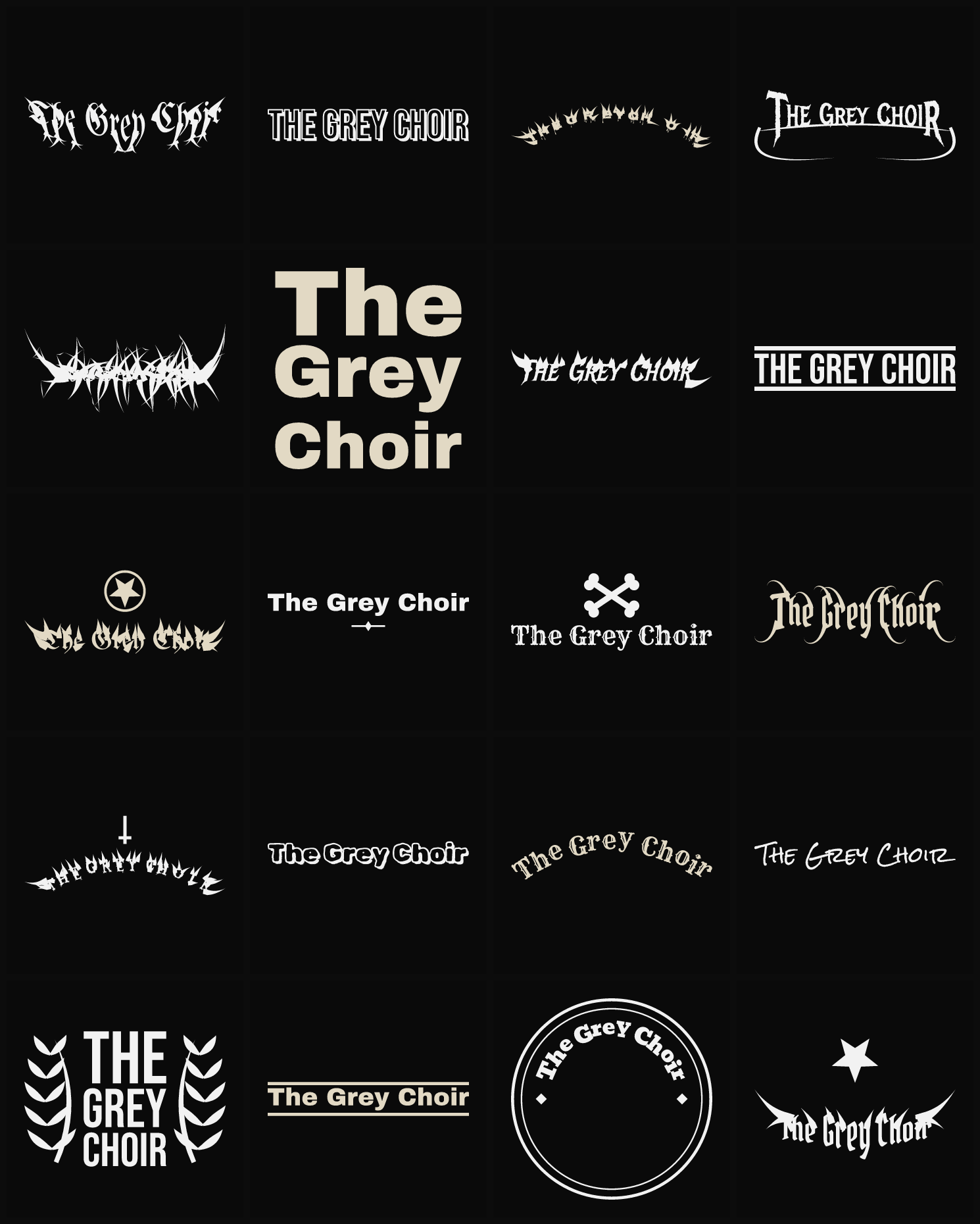 Twenty The Grey Choir band logo ideas — different faces, treatments and spike settings