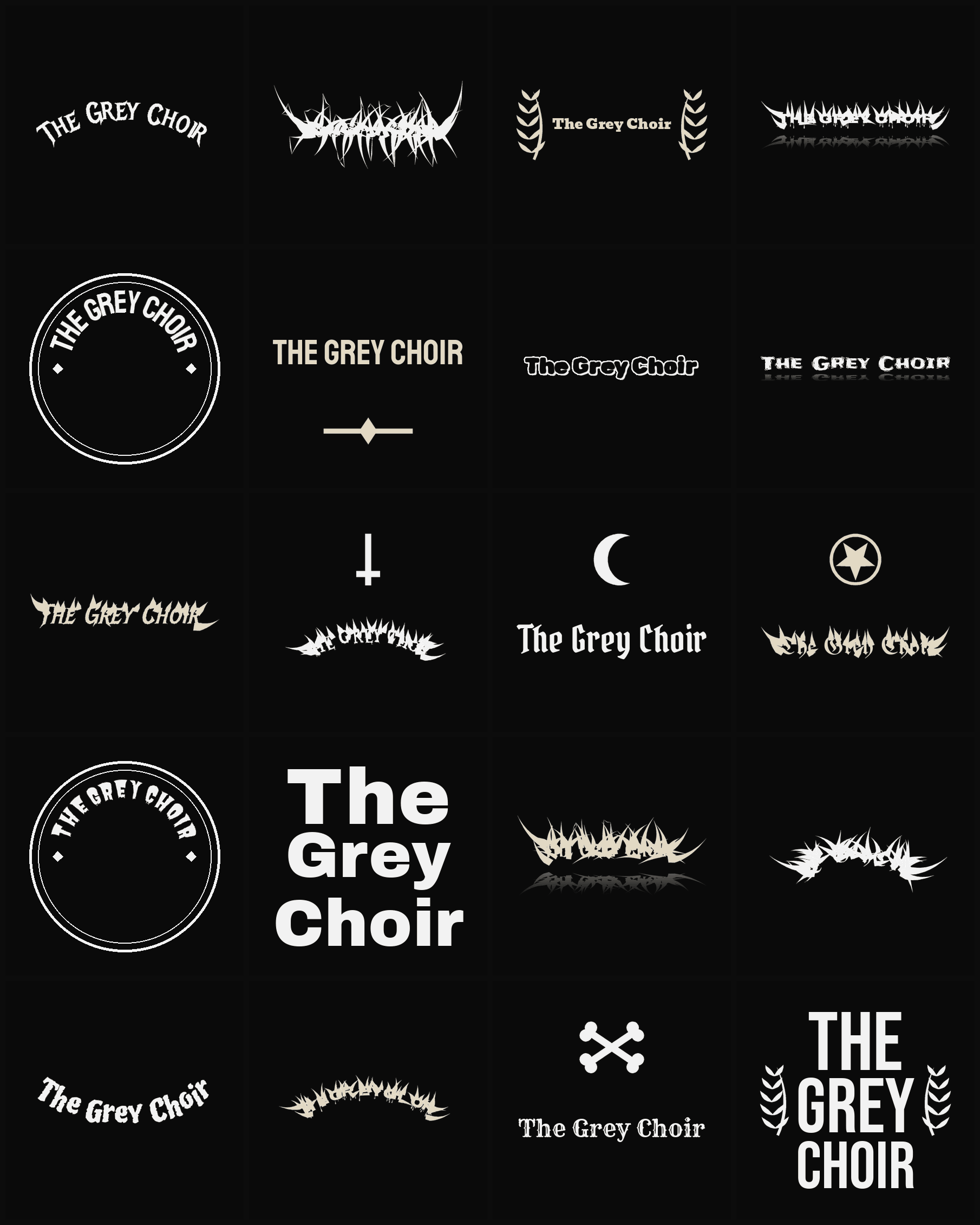 Twenty The Grey Choir band logo ideas — different faces, treatments and spike settings