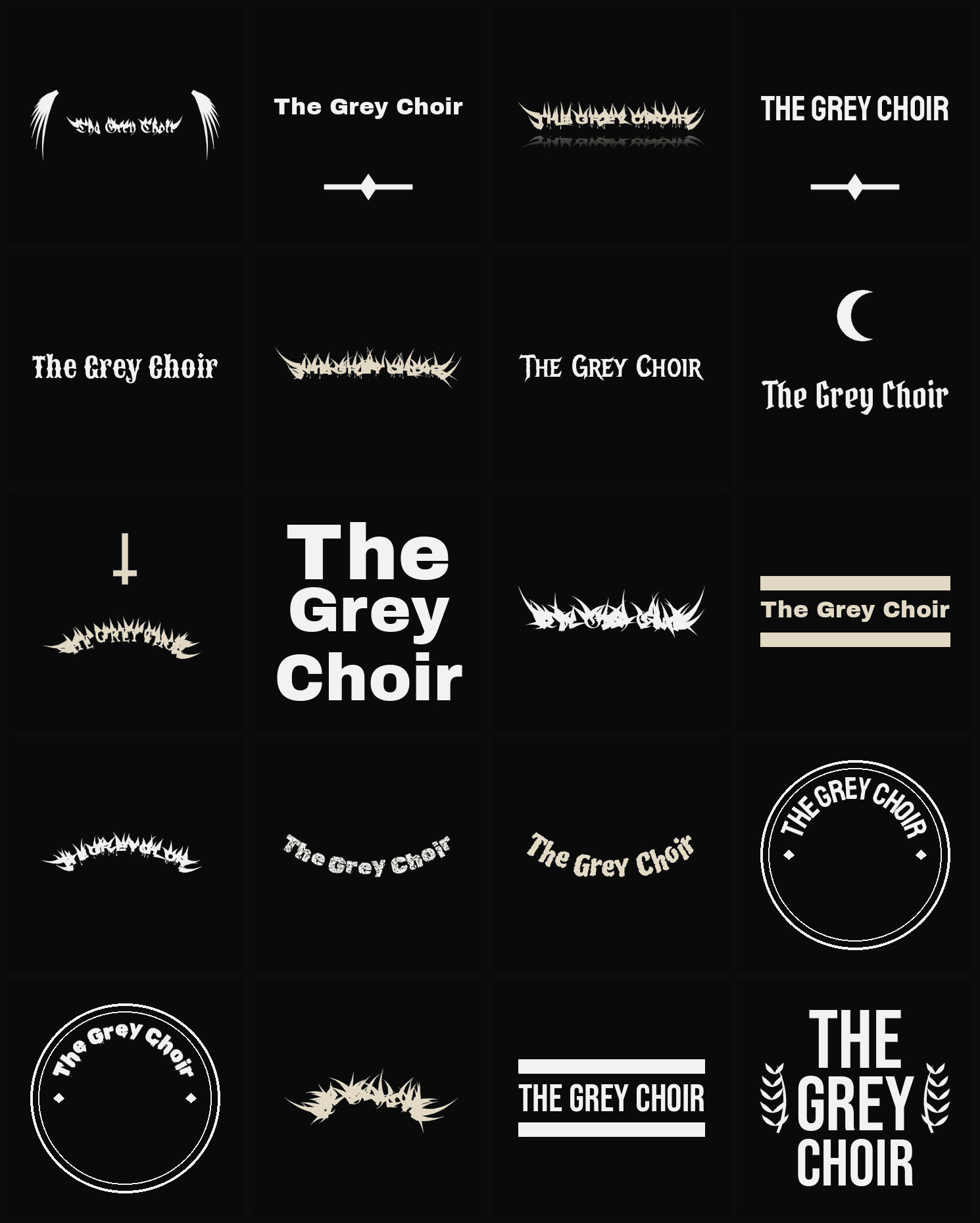 Twenty The Grey Choir band logo ideas — different faces, treatments and spike settings