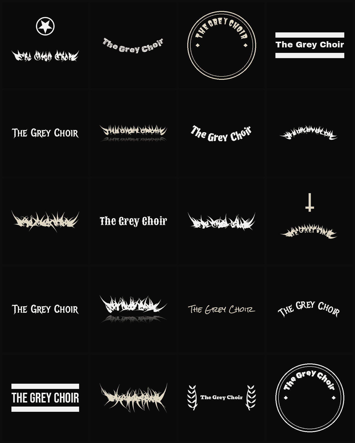 Twenty The Grey Choir band logo ideas — different faces, treatments and spike settings