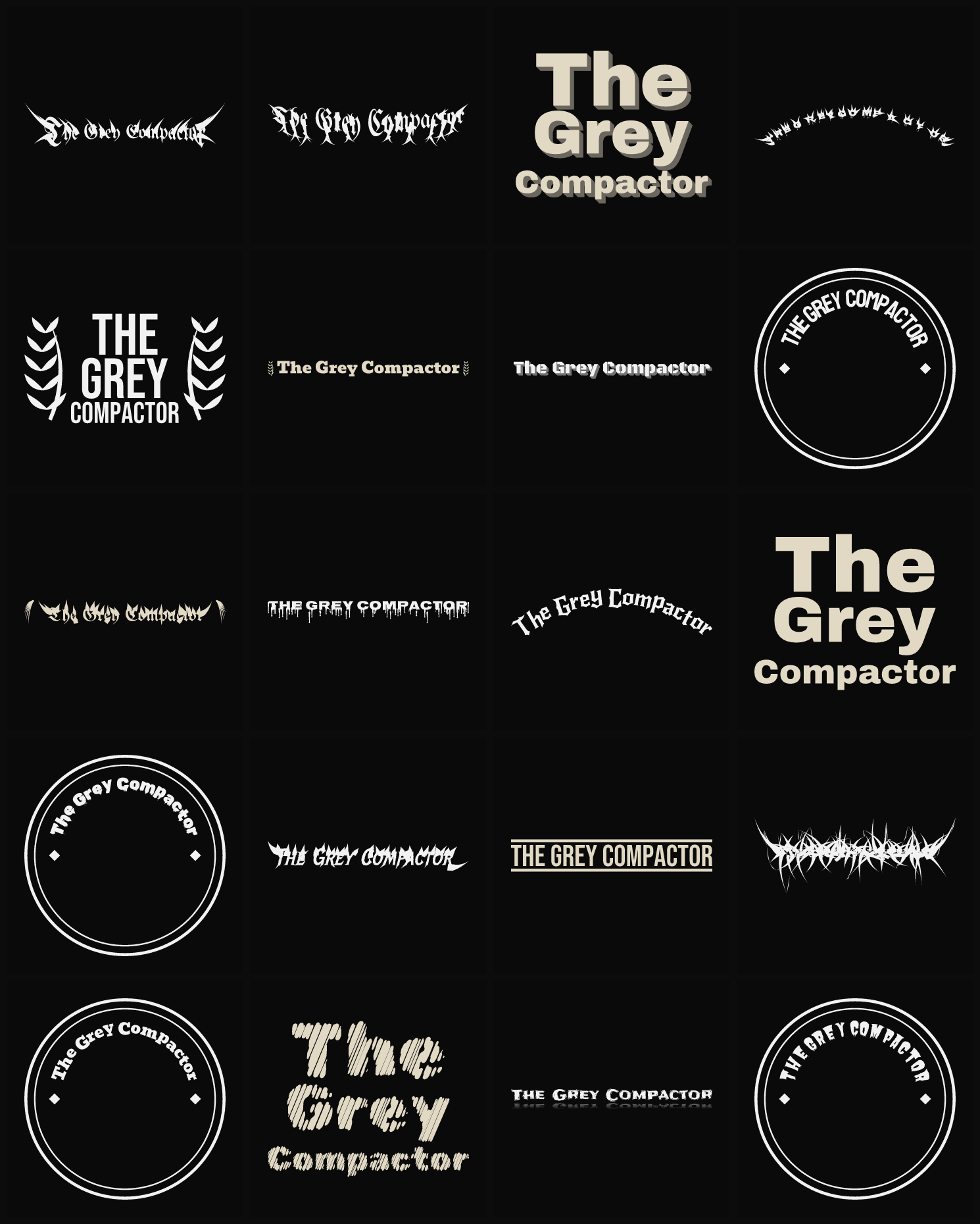 Twenty The Grey Compactor band logo ideas — different faces, treatments and spike settings