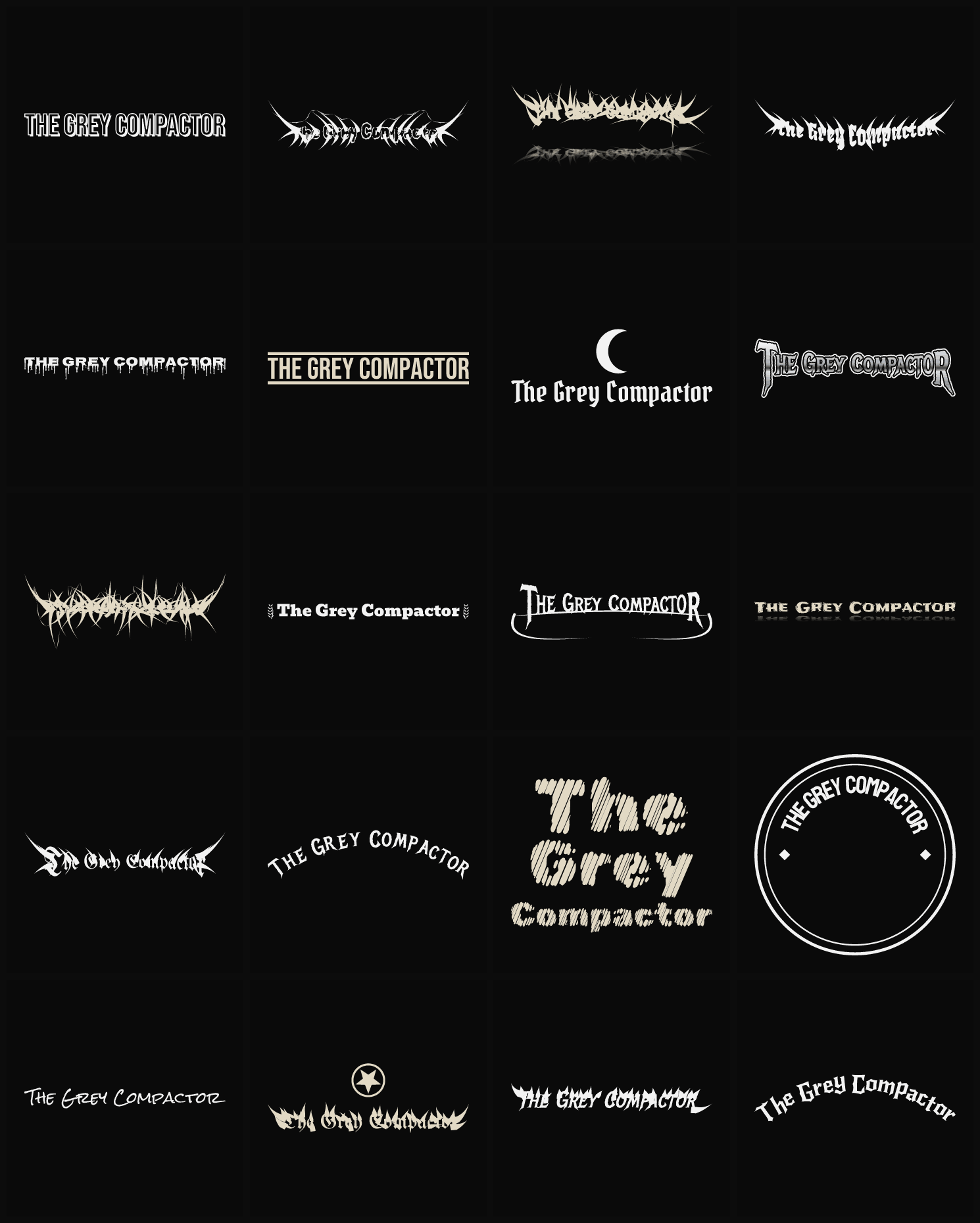 Twenty The Grey Compactor band logo ideas — different faces, treatments and spike settings