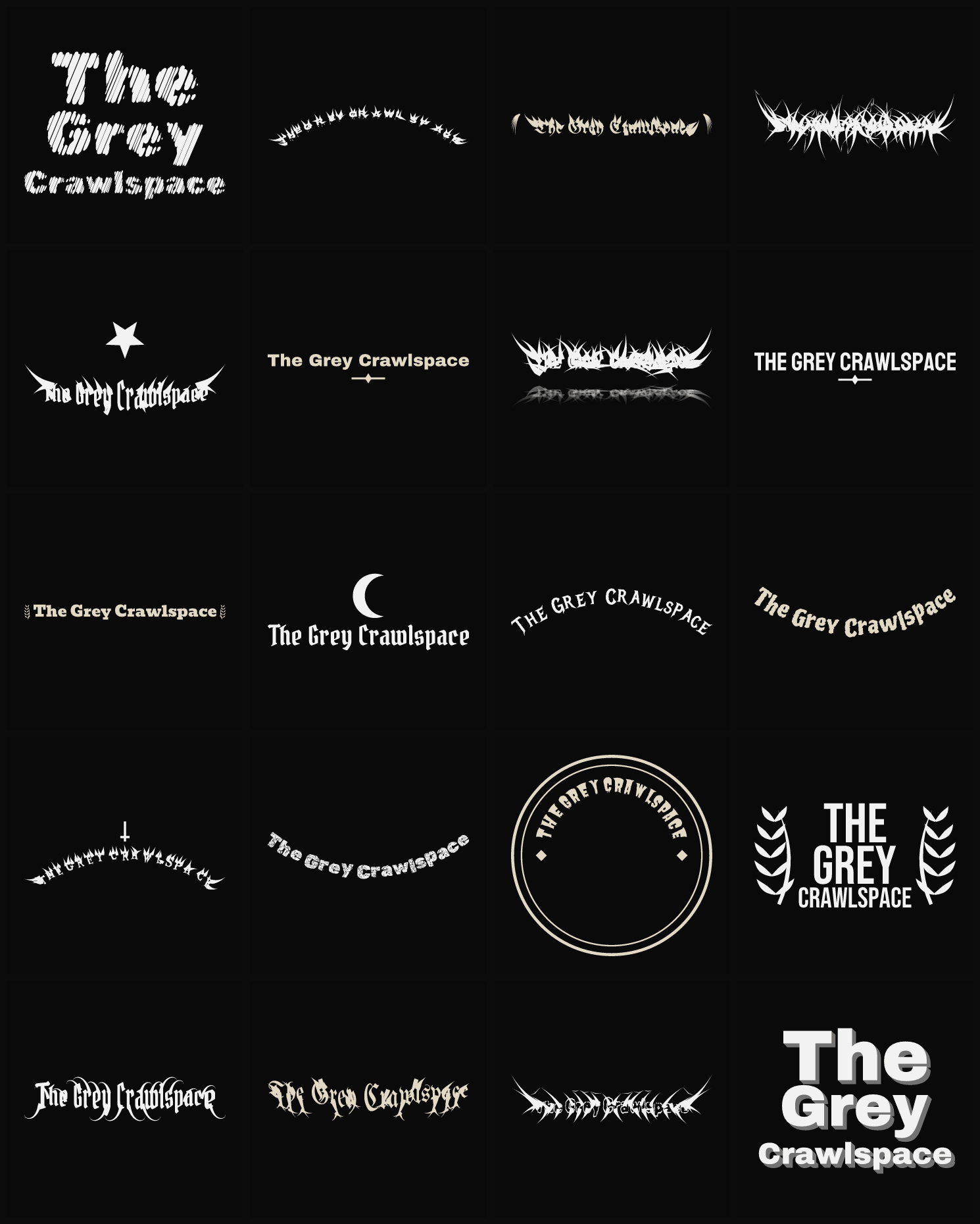 Twenty The Grey Crawlspace band logo ideas — different faces, treatments and spike settings