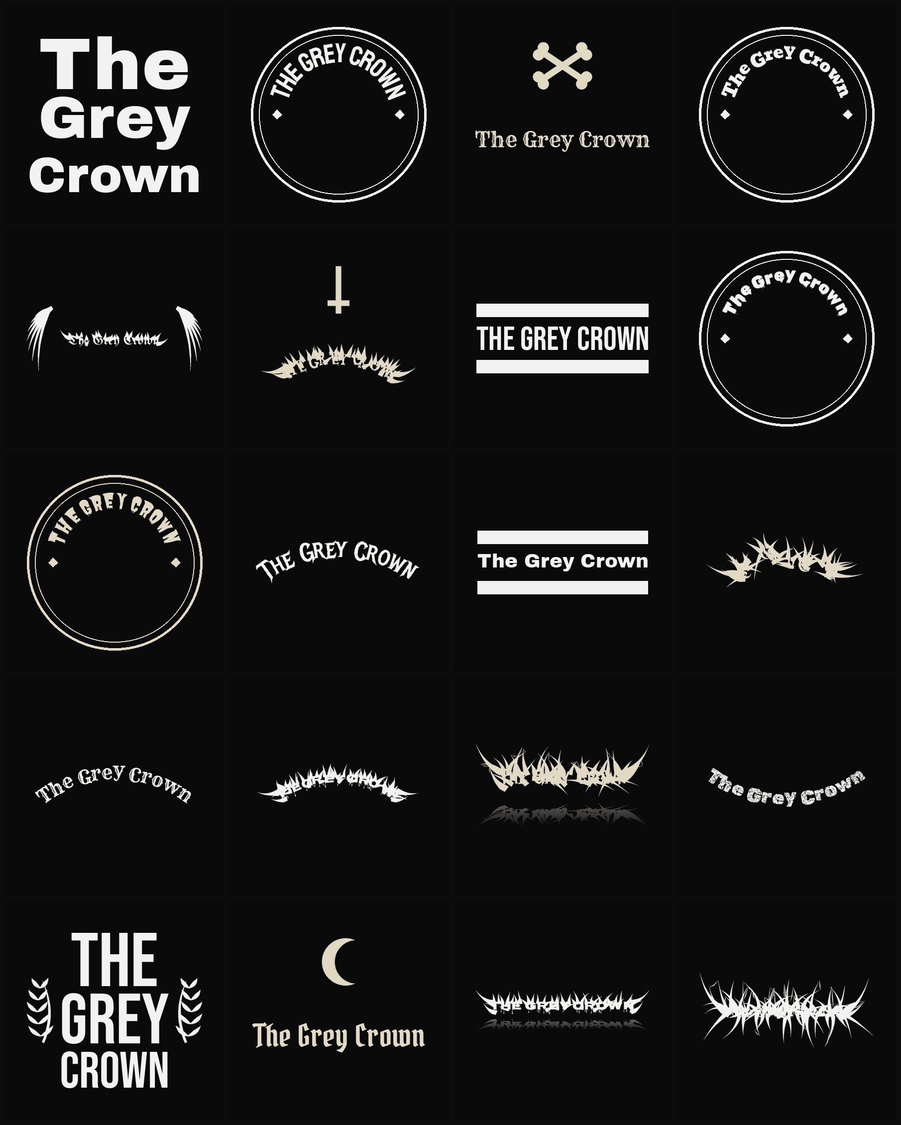 Twenty The Grey Crown band logo ideas — different faces, treatments and spike settings