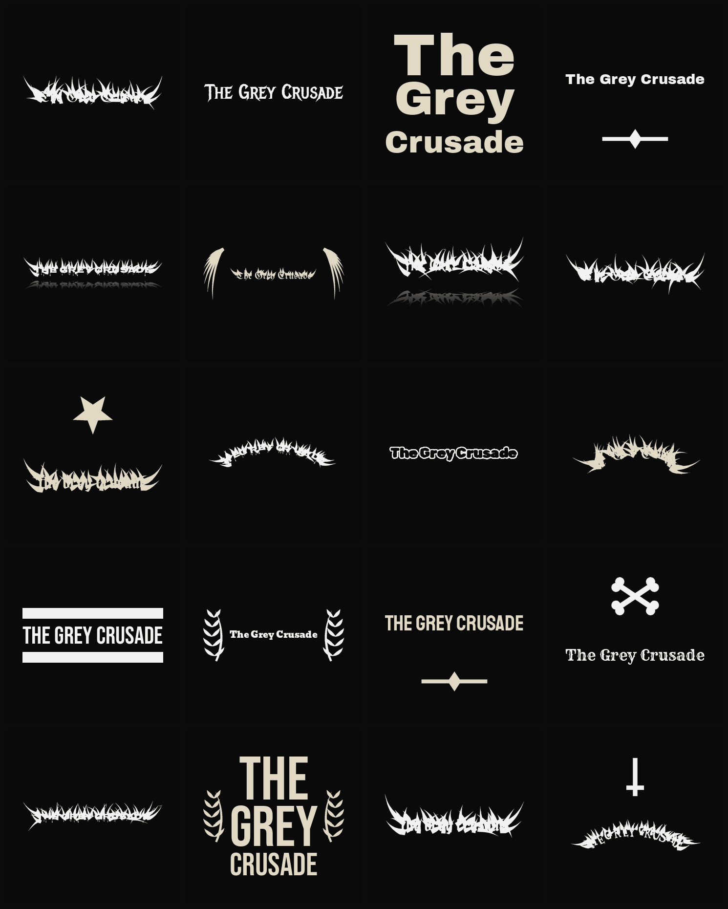 Twenty The Grey Crusade band logo ideas — different faces, treatments and spike settings