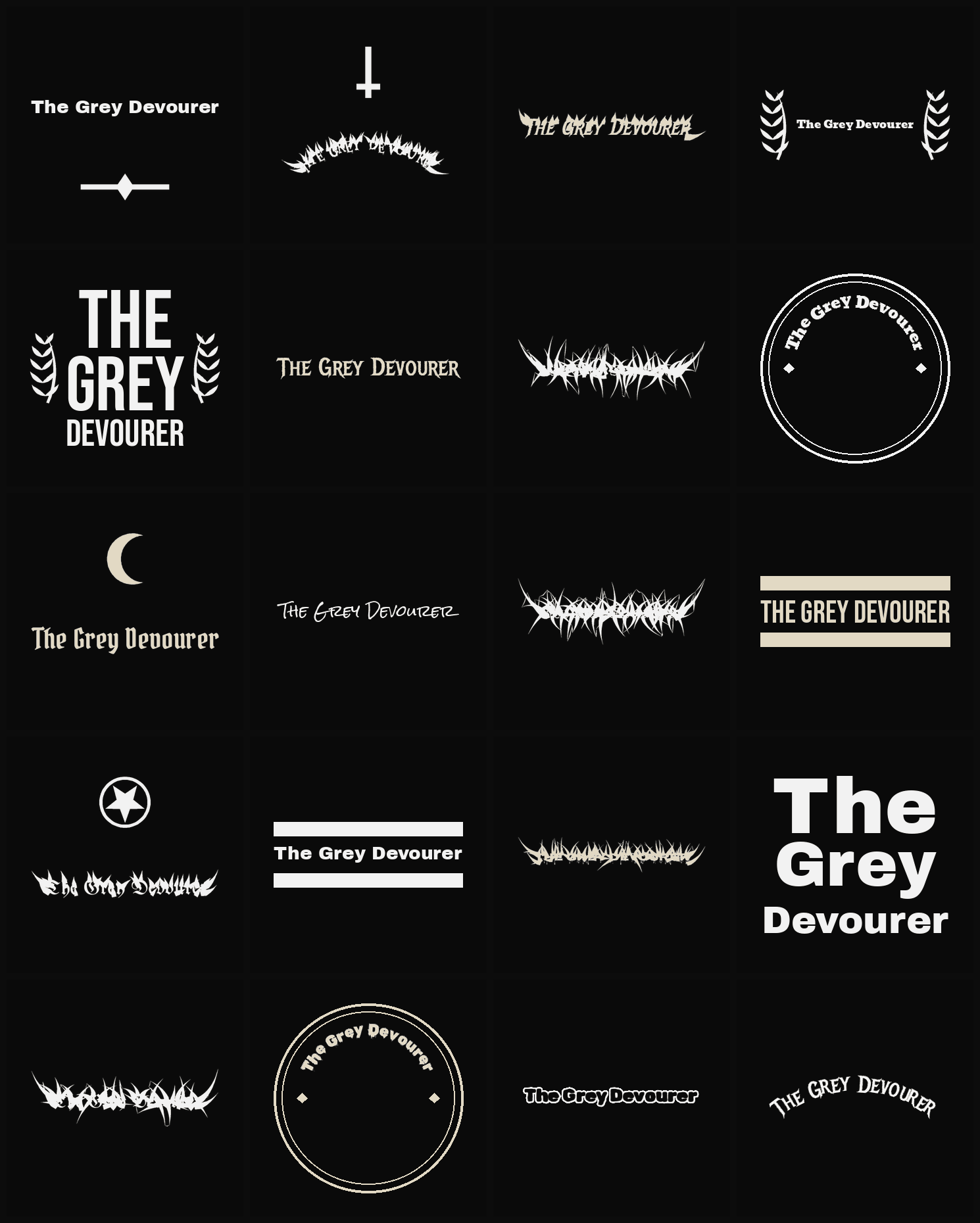 Twenty The Grey Devourer band logo ideas — different faces, treatments and spike settings