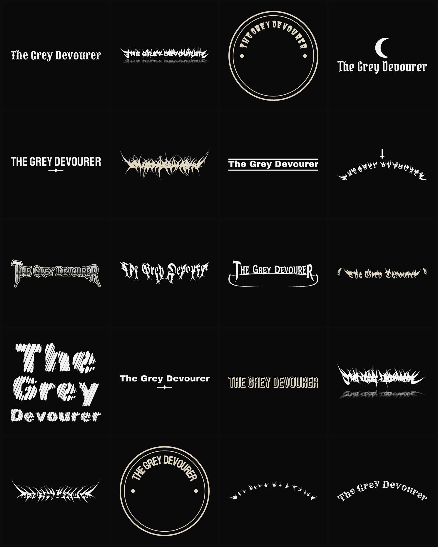 Twenty The Grey Devourer band logo ideas — different faces, treatments and spike settings