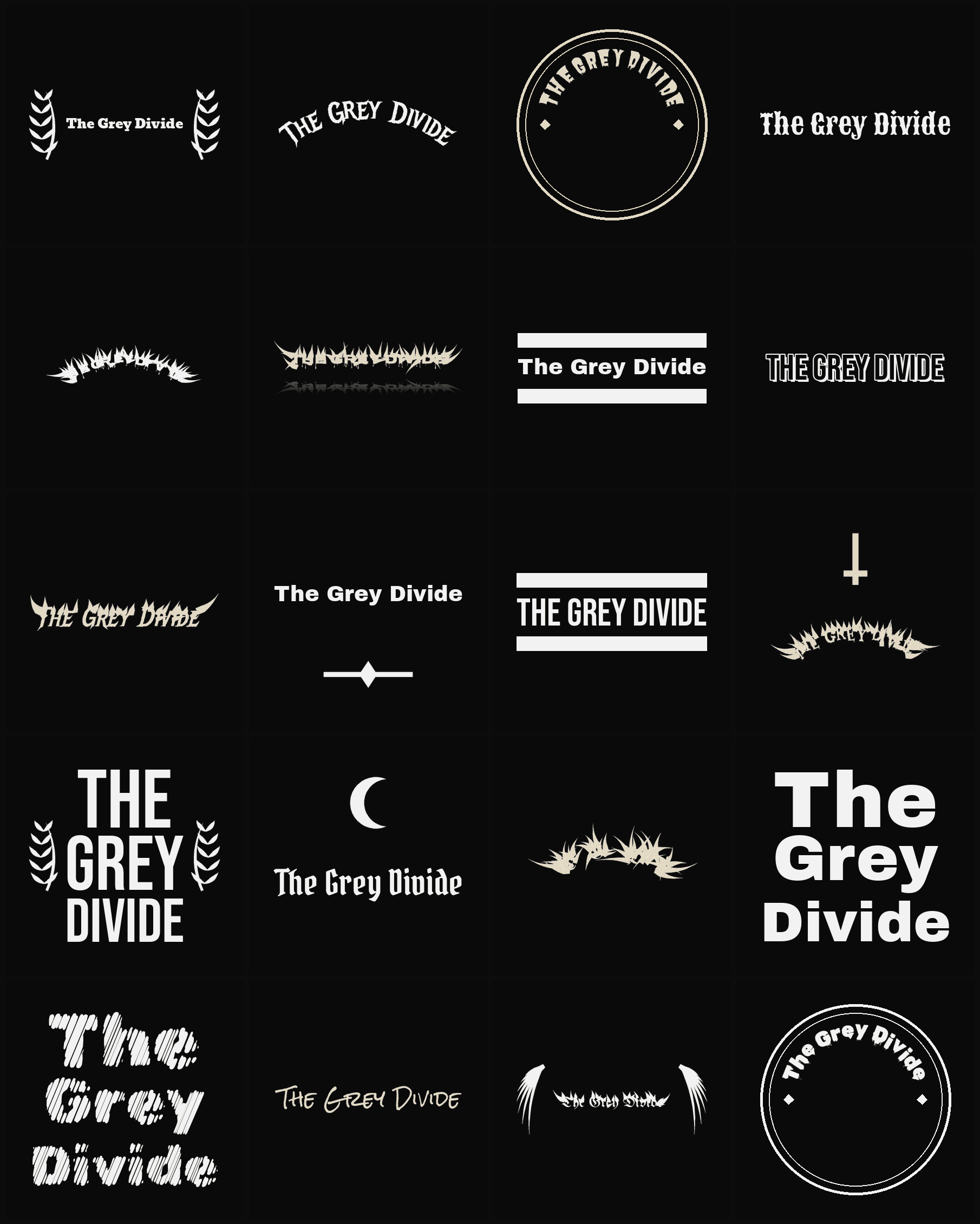 Twenty The Grey Divide band logo ideas — different faces, treatments and spike settings