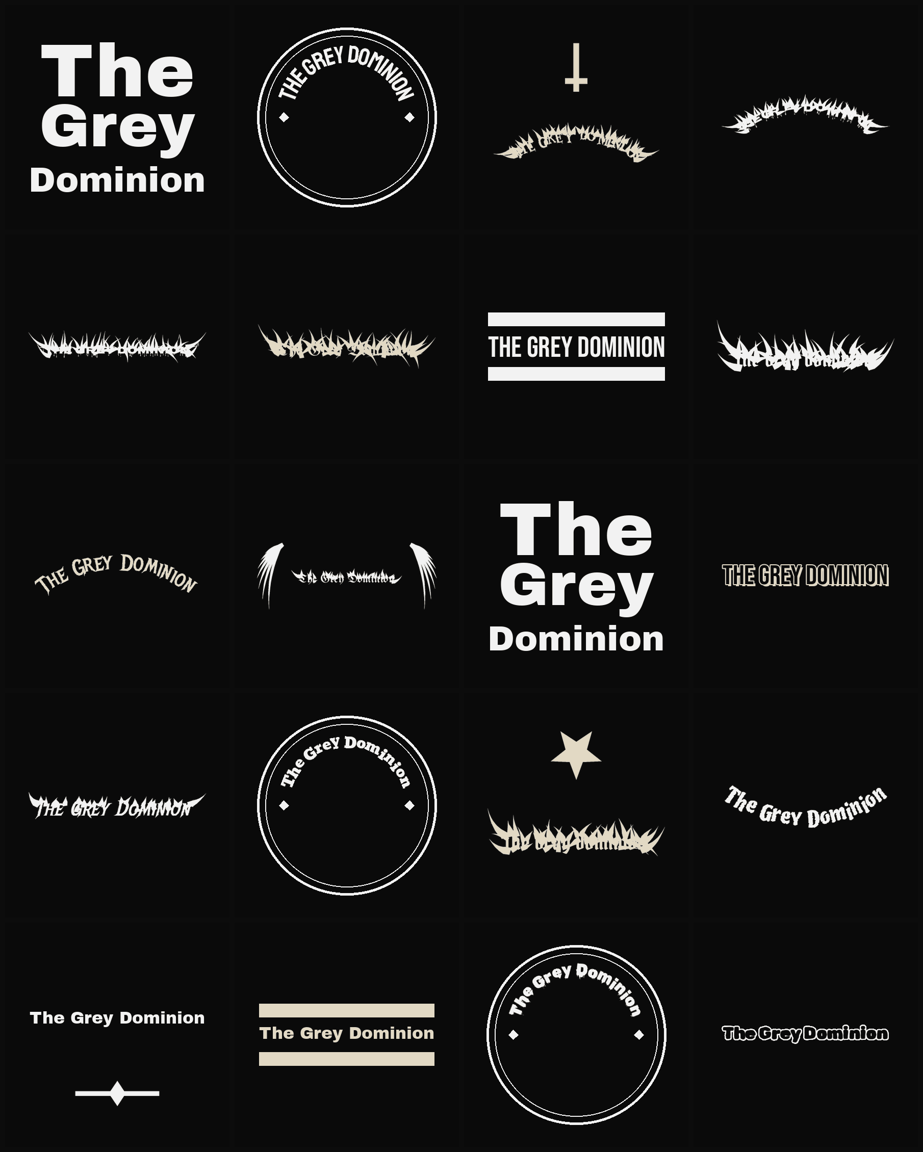 Twenty The Grey Dominion band logo ideas — different faces, treatments and spike settings