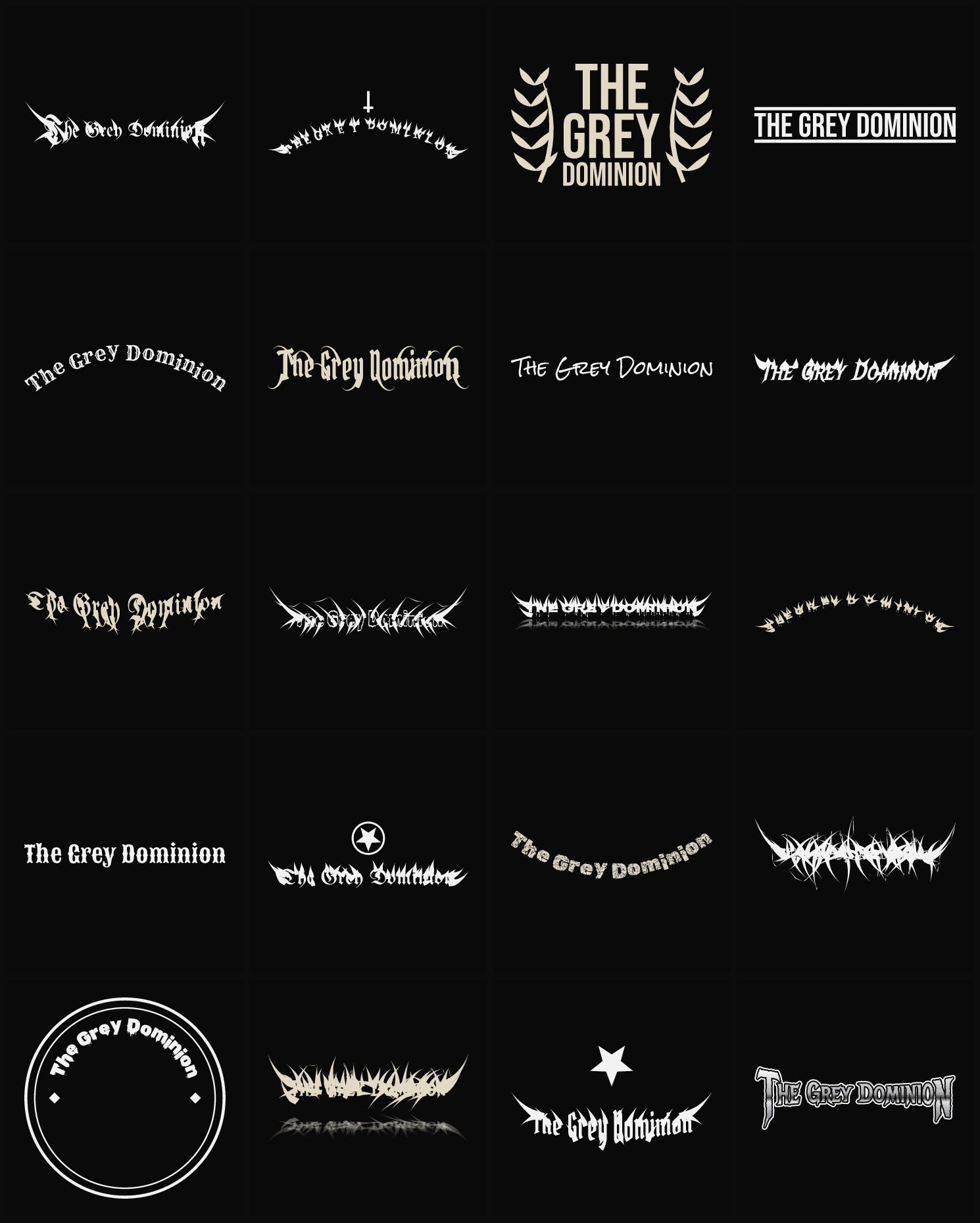 Twenty The Grey Dominion band logo ideas — different faces, treatments and spike settings