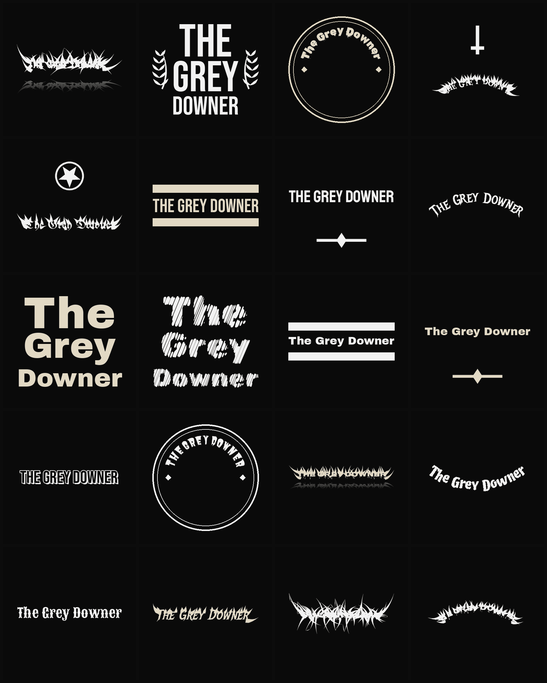Twenty The Grey Downer band logo ideas — different faces, treatments and spike settings