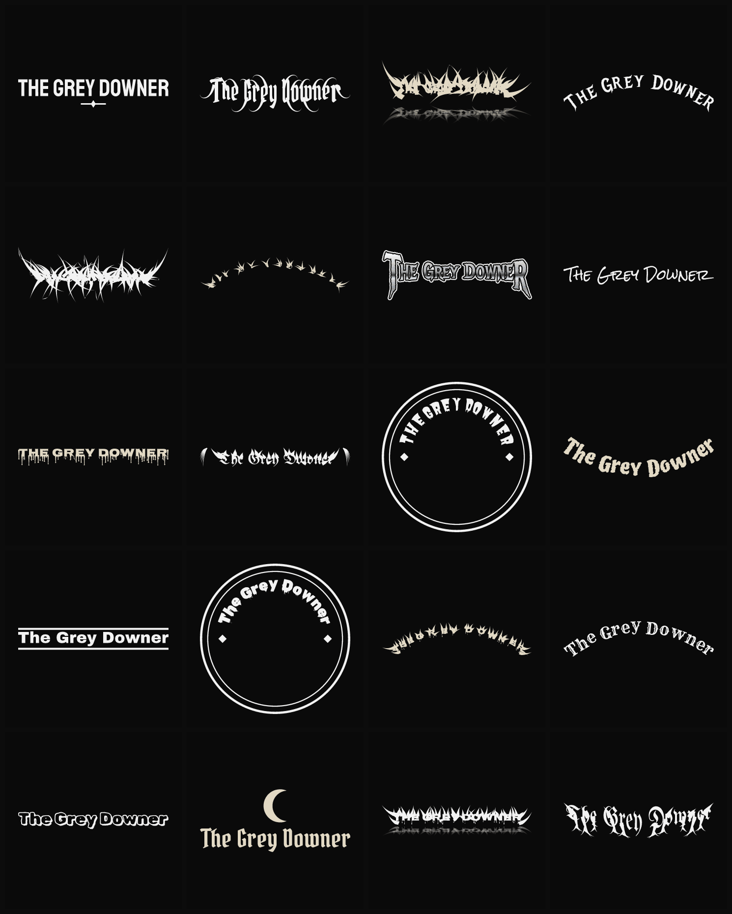 Twenty The Grey Downer band logo ideas — different faces, treatments and spike settings
