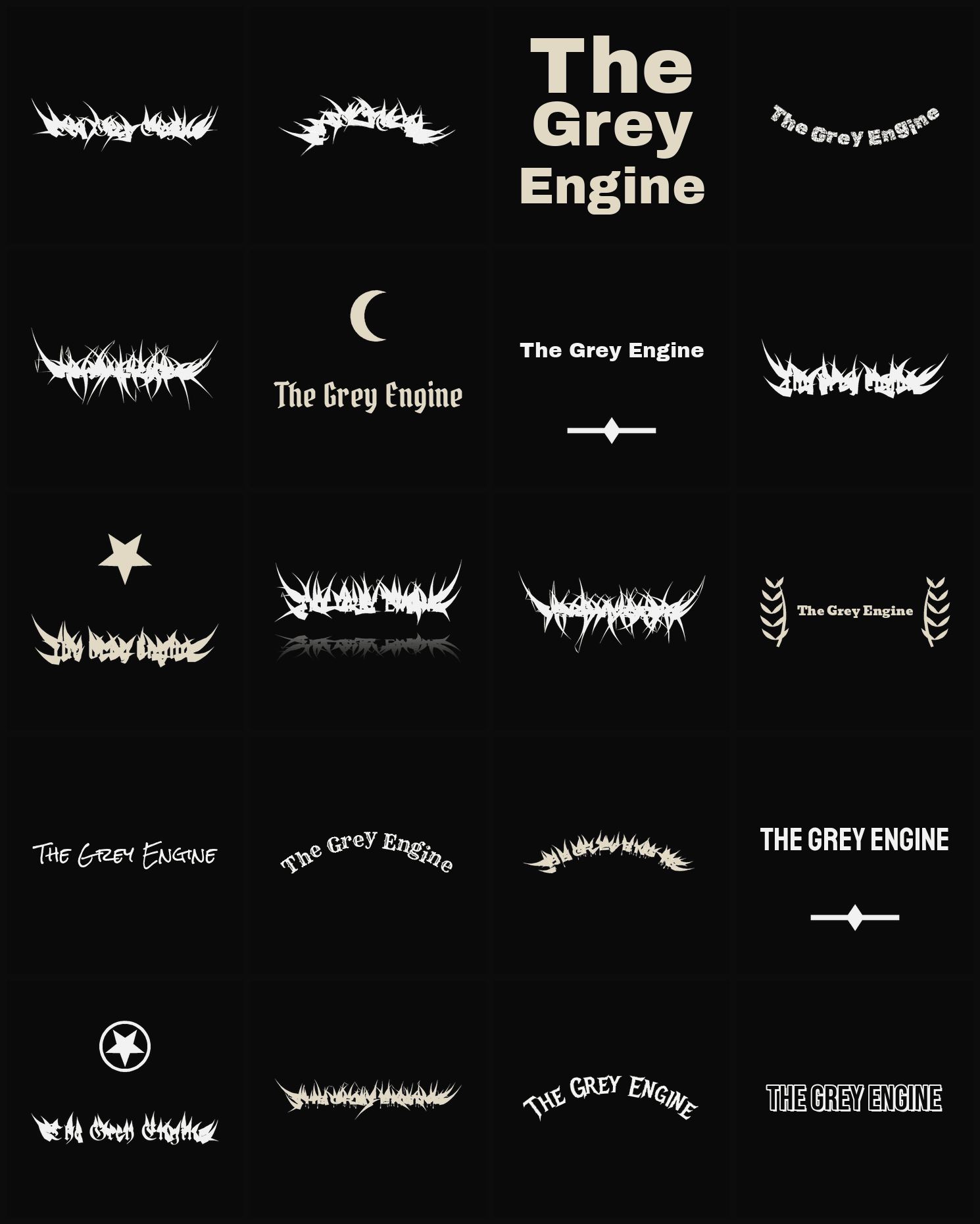 Twenty The Grey Engine band logo ideas — different faces, treatments and spike settings