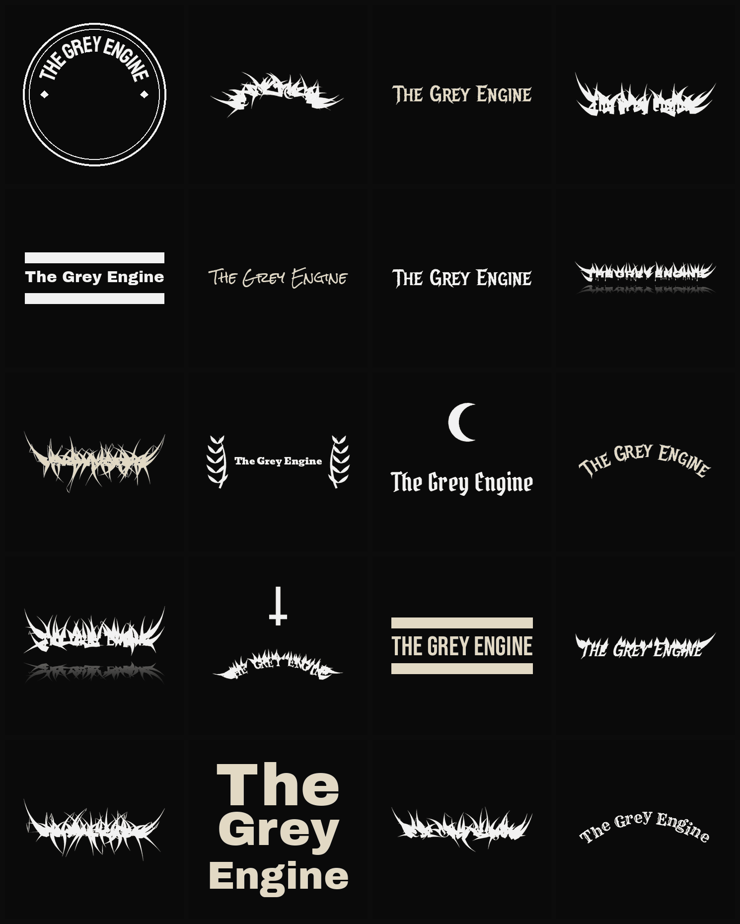 Twenty The Grey Engine band logo ideas — different faces, treatments and spike settings