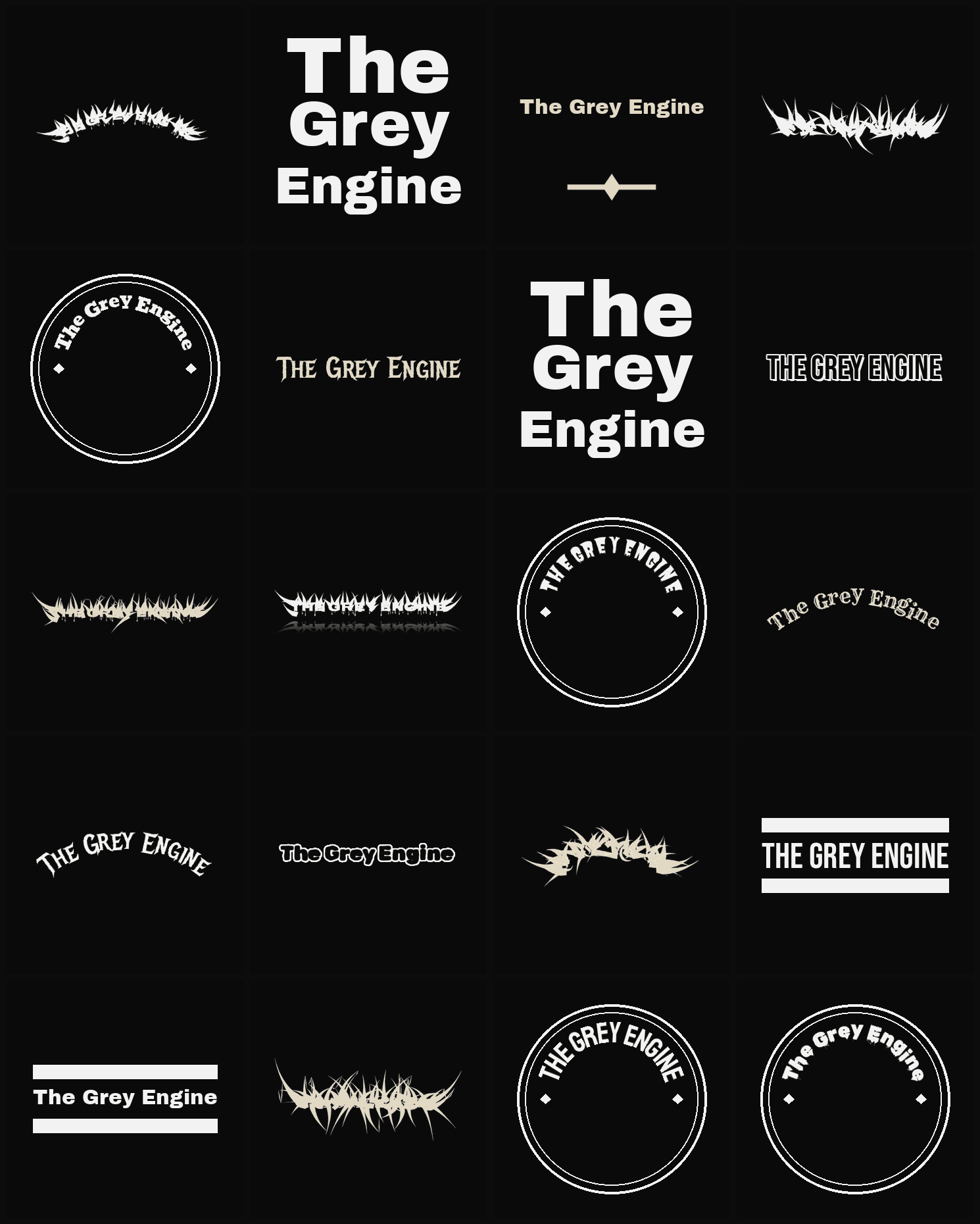 Twenty The Grey Engine band logo ideas — different faces, treatments and spike settings