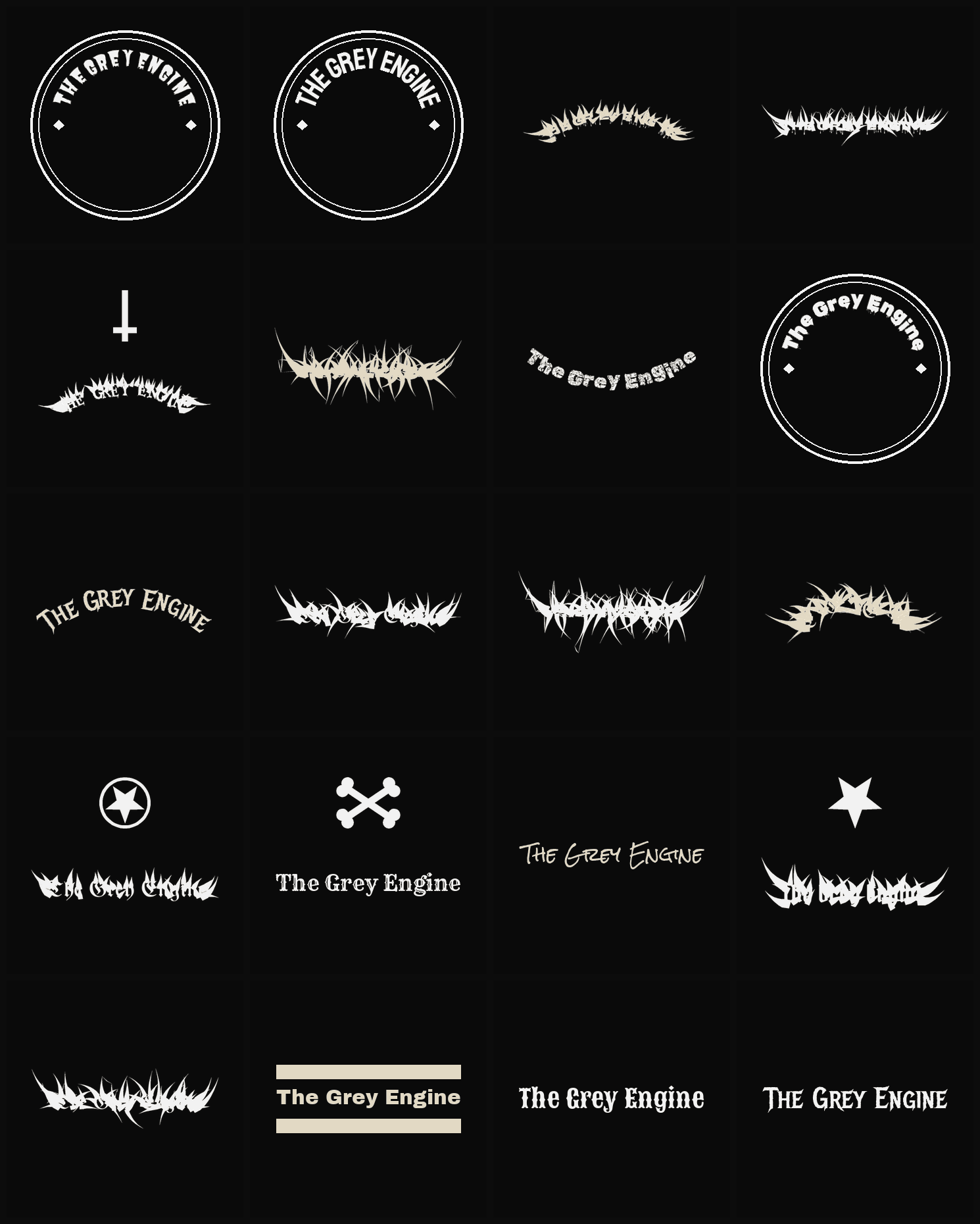 Twenty The Grey Engine band logo ideas — different faces, treatments and spike settings