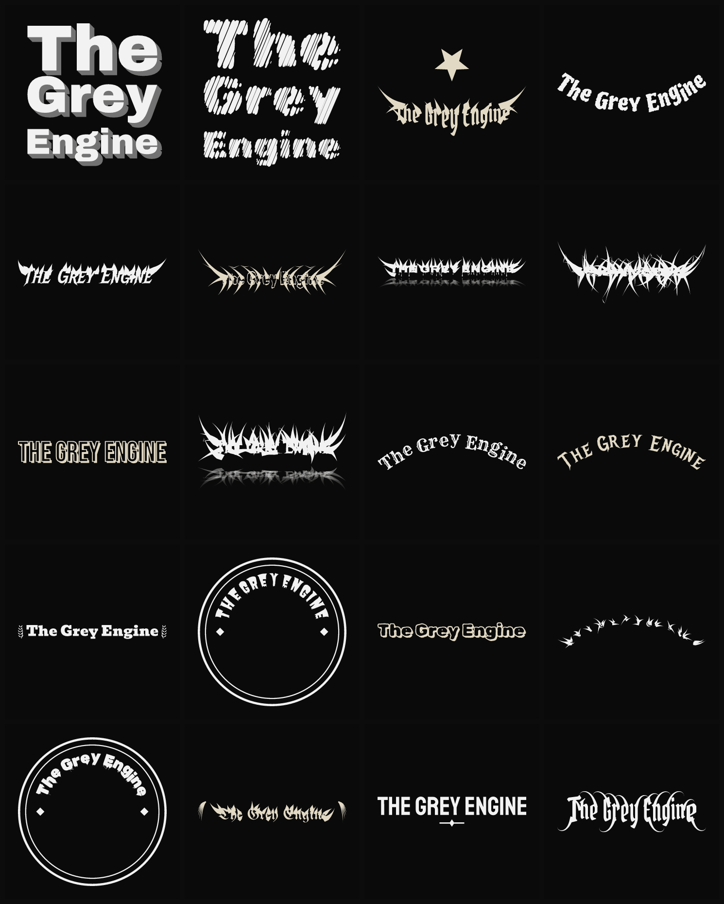 Twenty The Grey Engine band logo ideas — different faces, treatments and spike settings