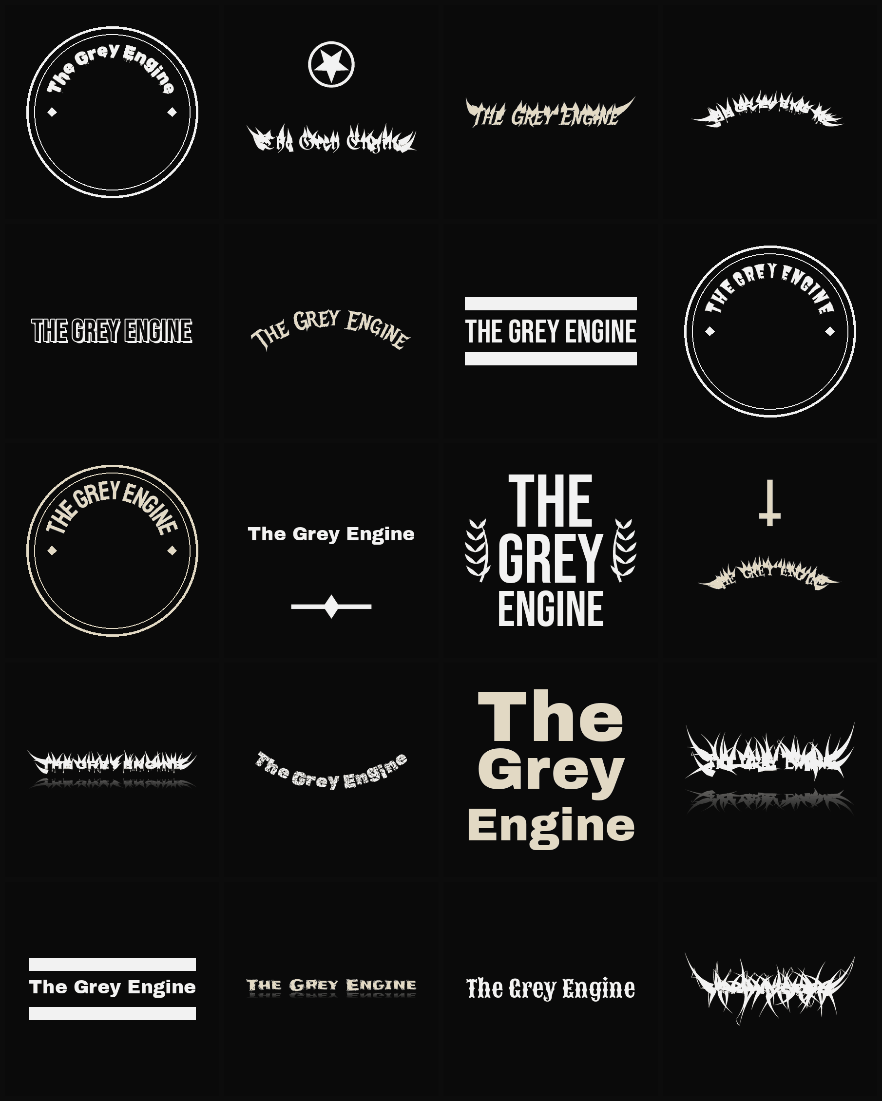 Twenty The Grey Engine band logo ideas — different faces, treatments and spike settings