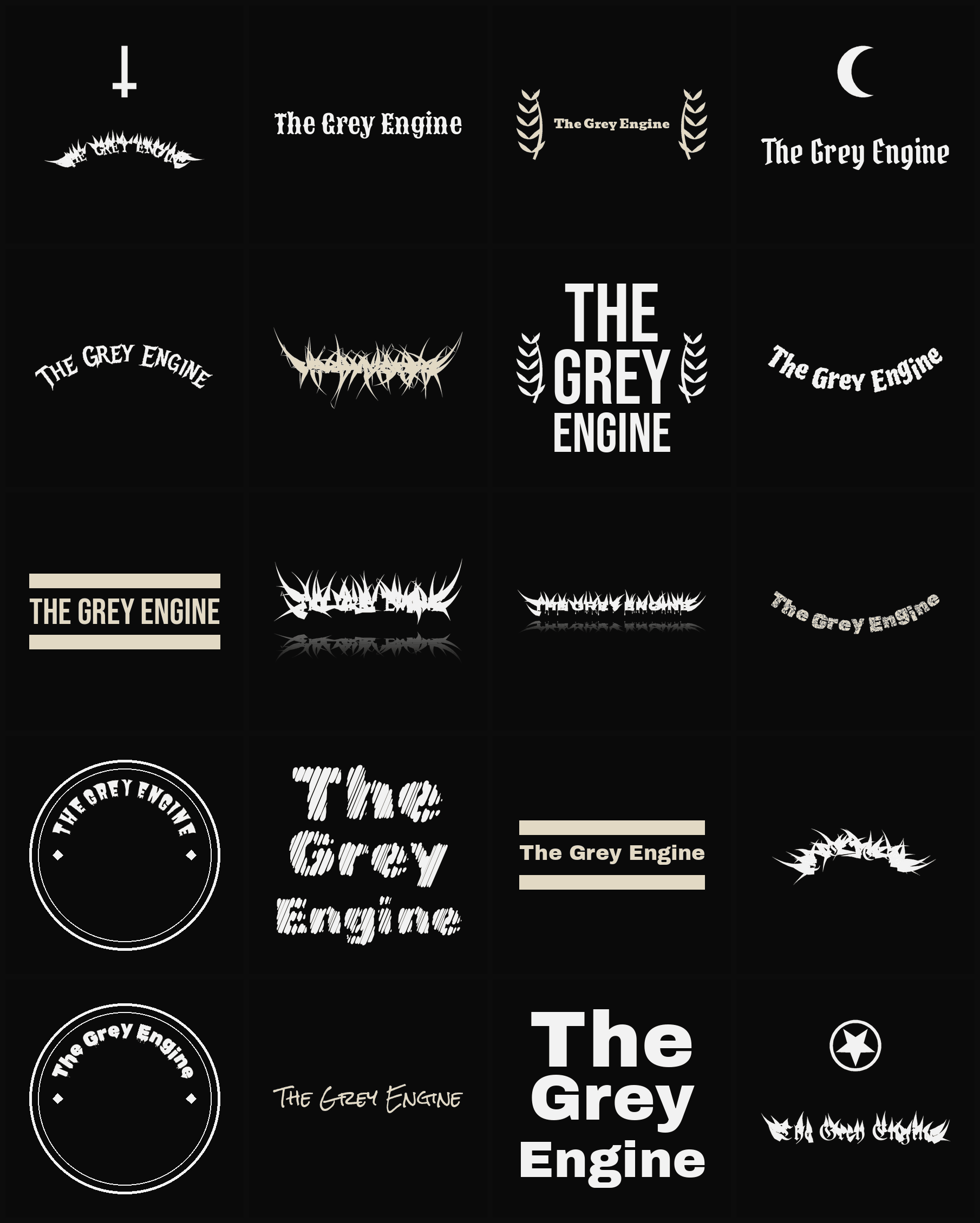 Twenty The Grey Engine band logo ideas — different faces, treatments and spike settings