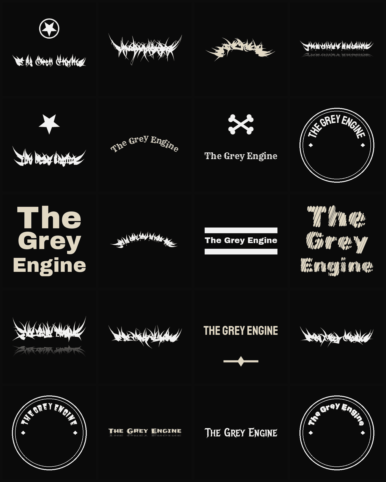 Twenty The Grey Engine band logo ideas — different faces, treatments and spike settings