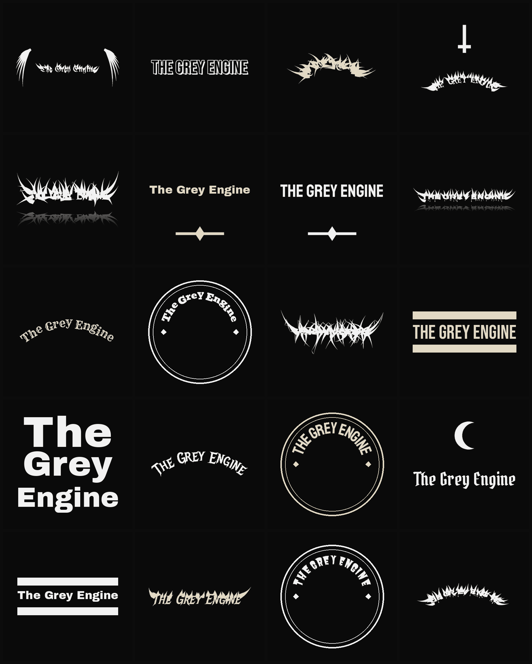 Twenty The Grey Engine band logo ideas — different faces, treatments and spike settings