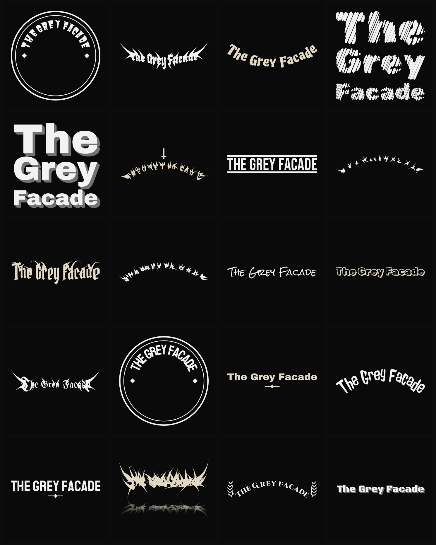 Twenty The Grey Facade band logo ideas — different faces, treatments and spike settings