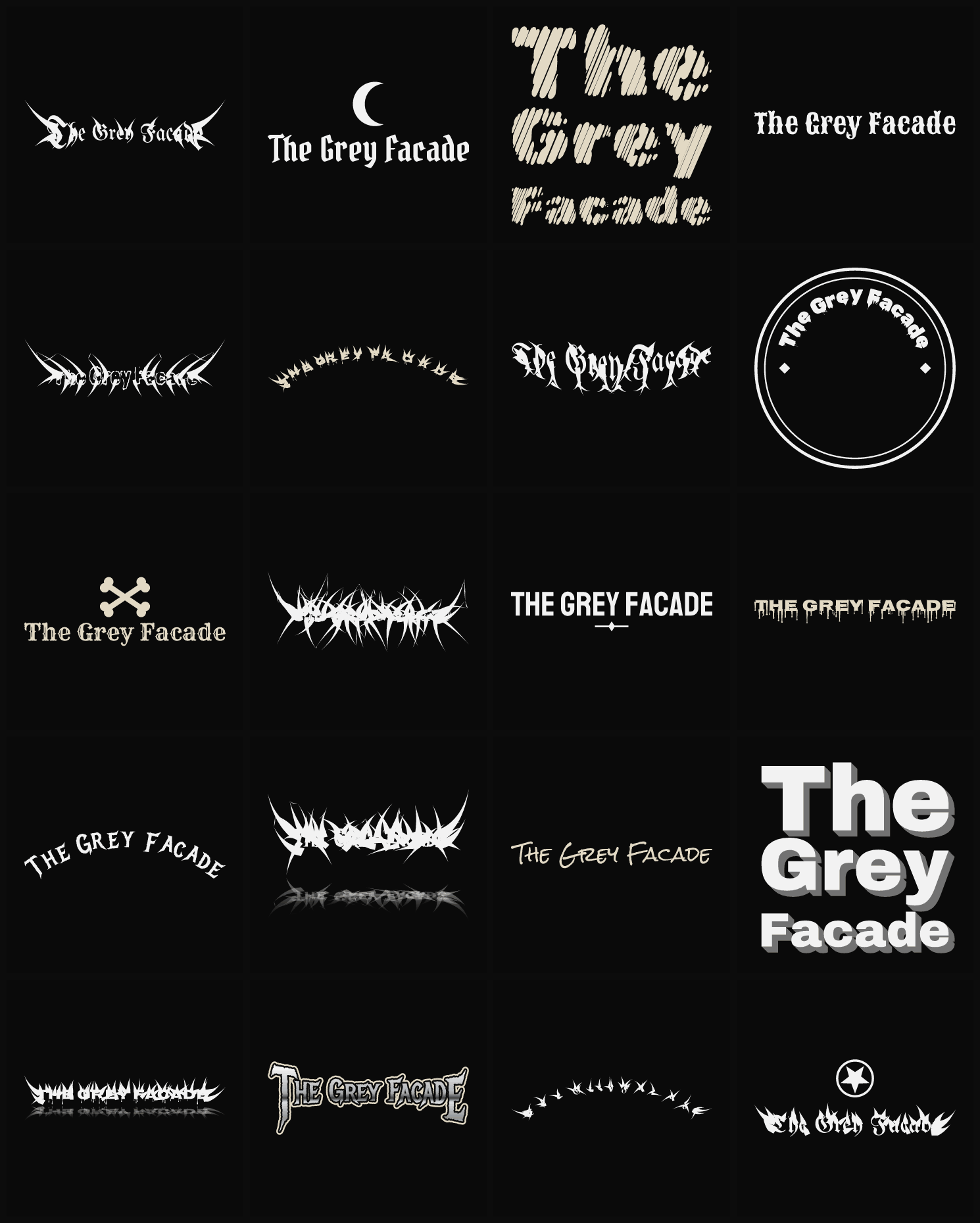 Twenty The Grey Facade band logo ideas — different faces, treatments and spike settings