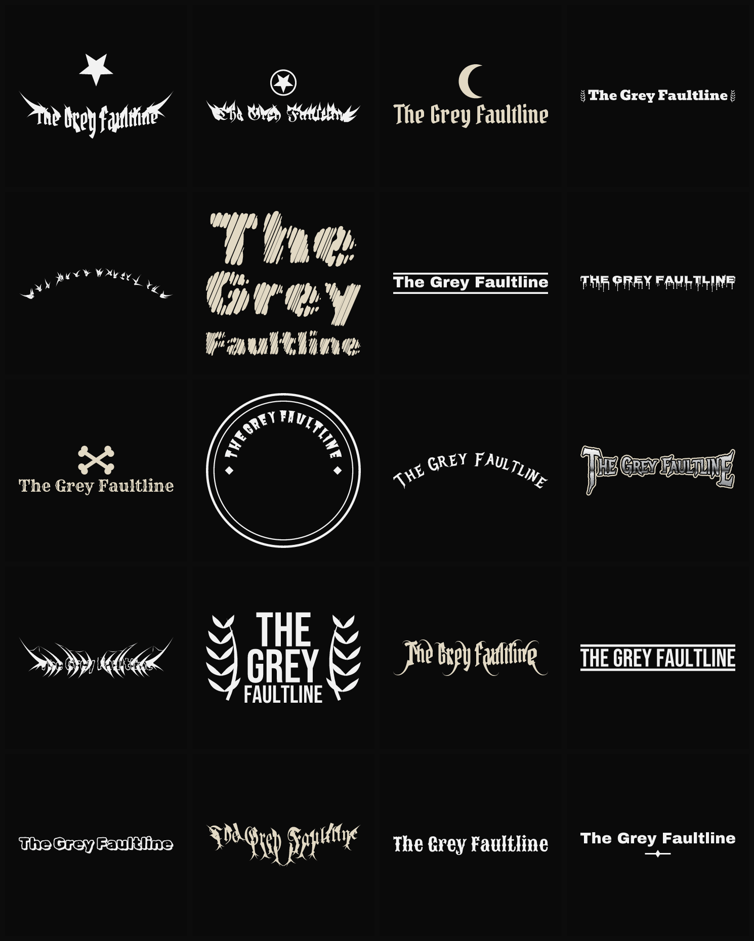 Twenty The Grey Faultline band logo ideas — different faces, treatments and spike settings