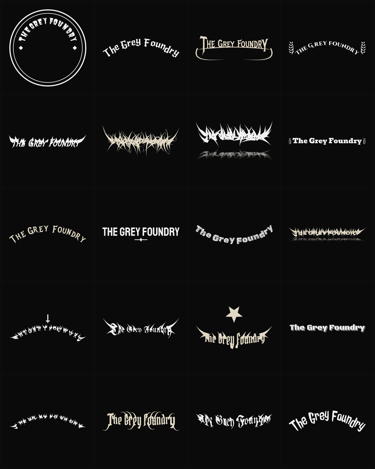 Twenty The Grey Foundry band logo ideas — different faces, treatments and spike settings