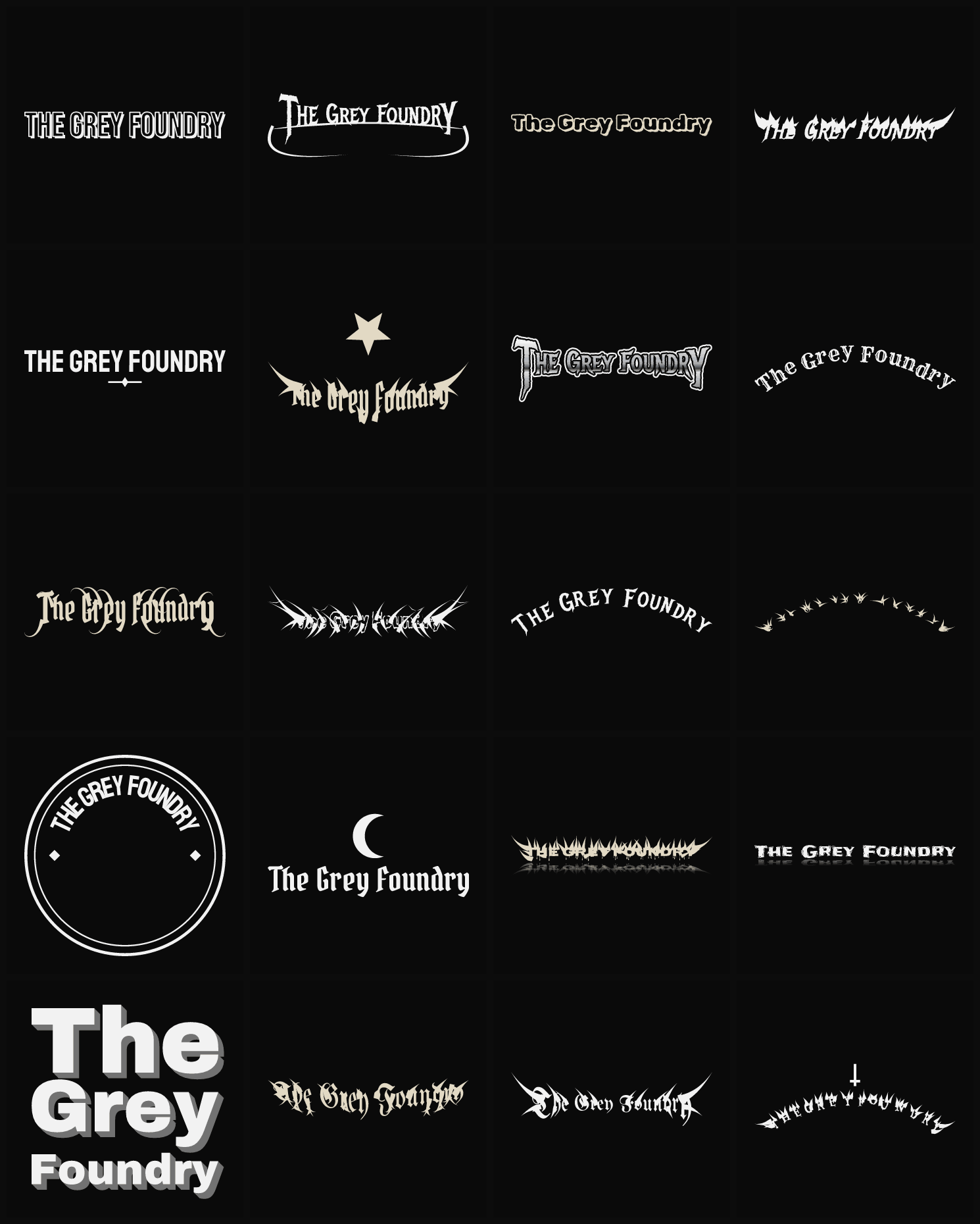 Twenty The Grey Foundry band logo ideas — different faces, treatments and spike settings