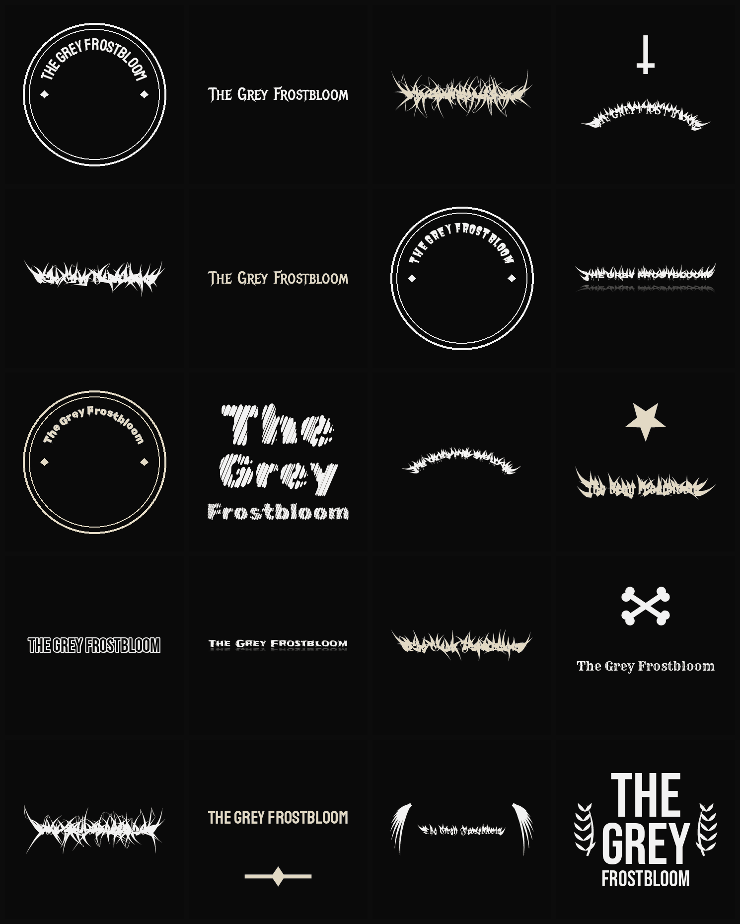 Twenty The Grey Frostbloom band logo ideas — different faces, treatments and spike settings
