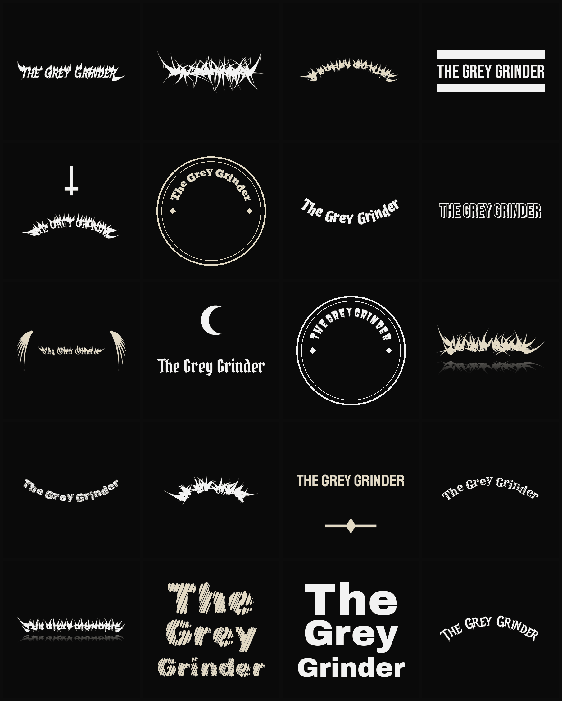 Twenty The Grey Grinder band logo ideas — different faces, treatments and spike settings