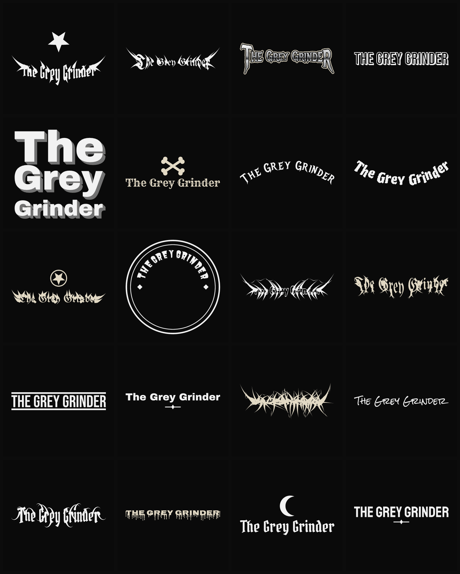 Twenty The Grey Grinder band logo ideas — different faces, treatments and spike settings