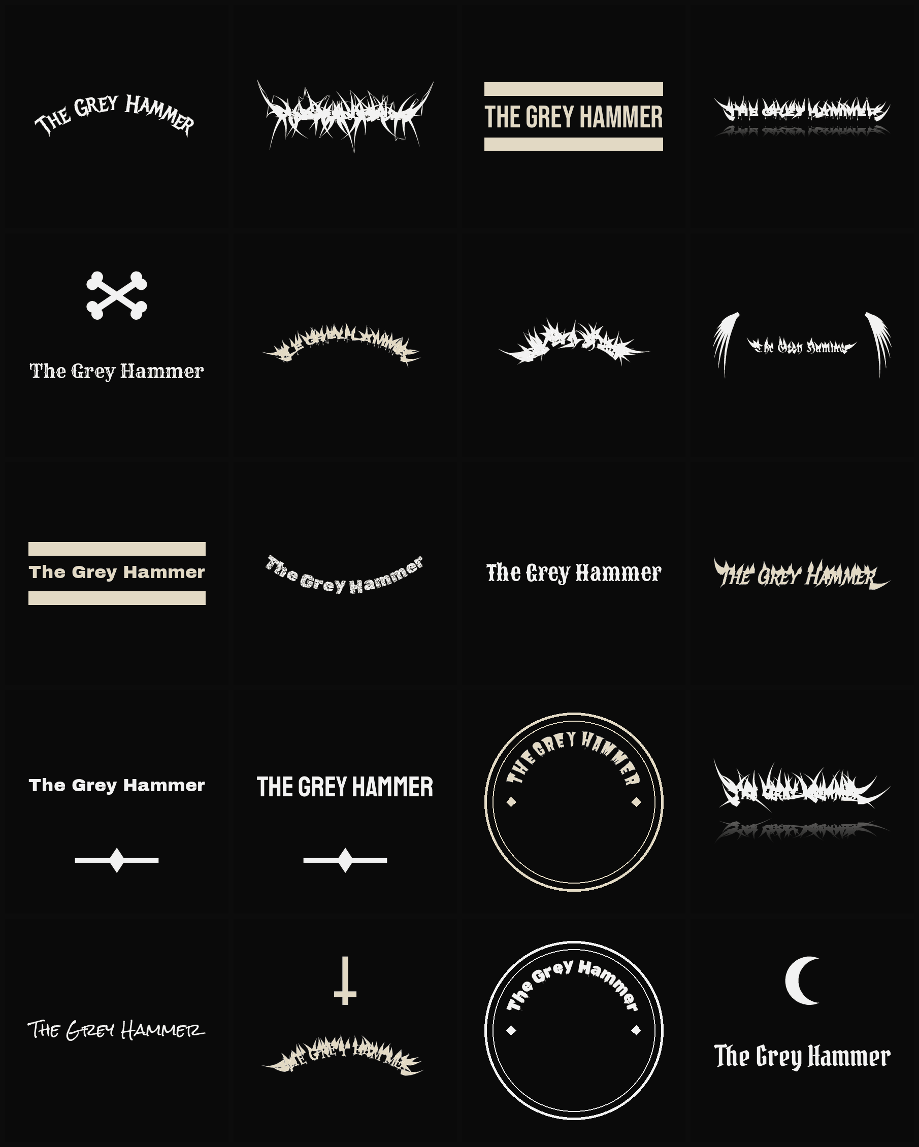 Twenty The Grey Hammer band logo ideas — different faces, treatments and spike settings