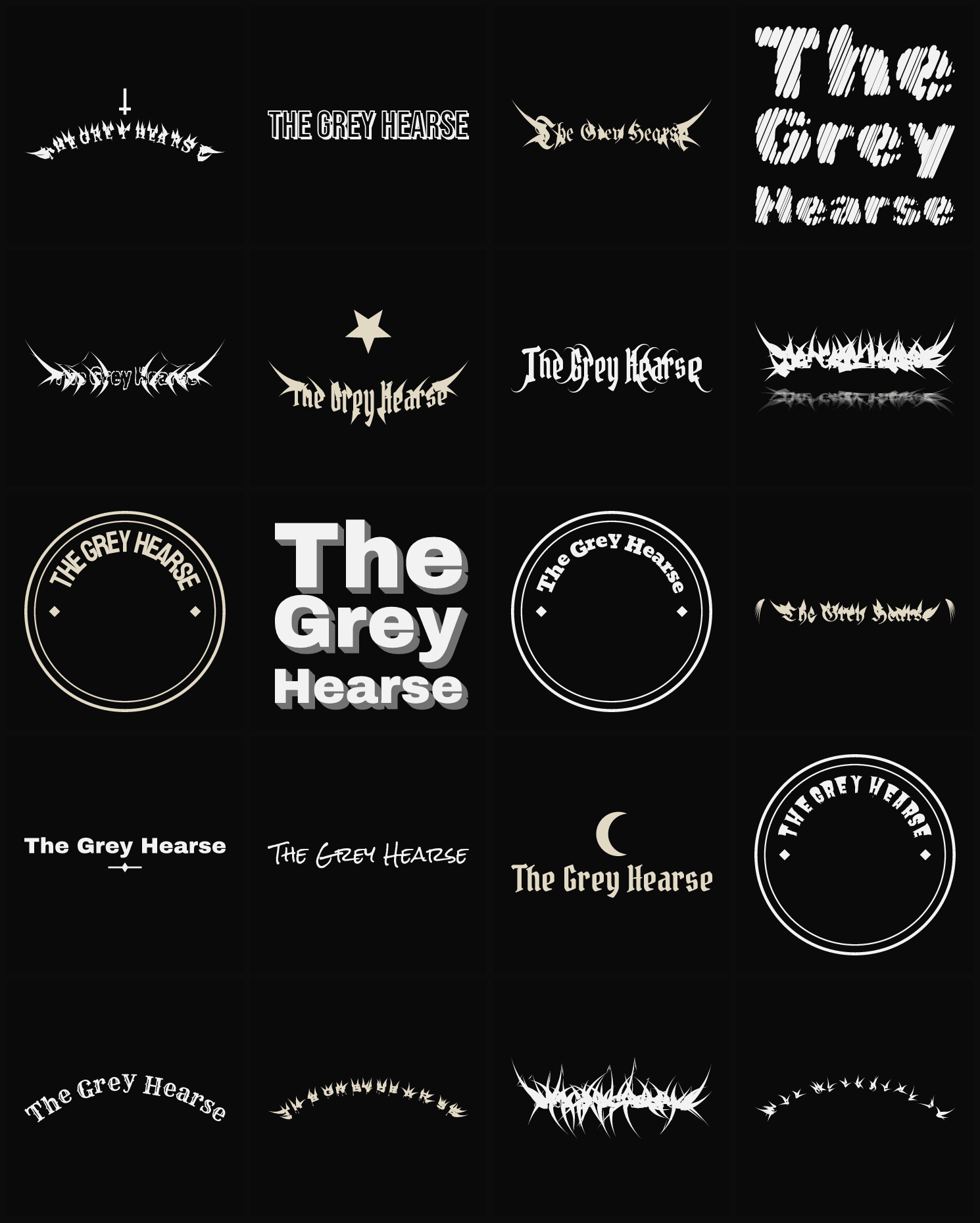 Twenty The Grey Hearse band logo ideas — different faces, treatments and spike settings