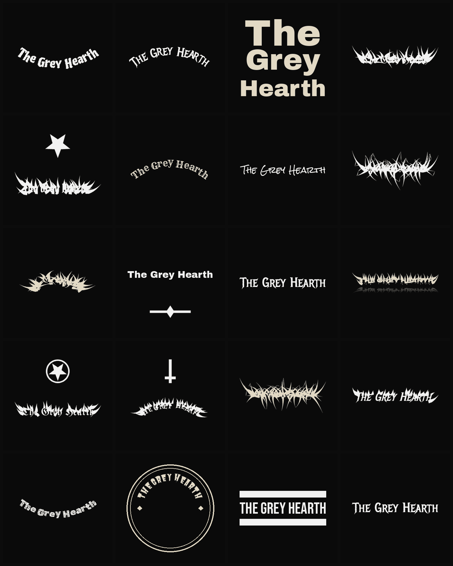 Twenty The Grey Hearth band logo ideas — different faces, treatments and spike settings