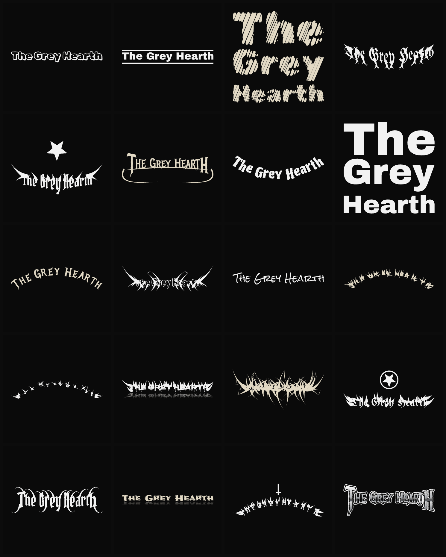 Twenty The Grey Hearth band logo ideas — different faces, treatments and spike settings
