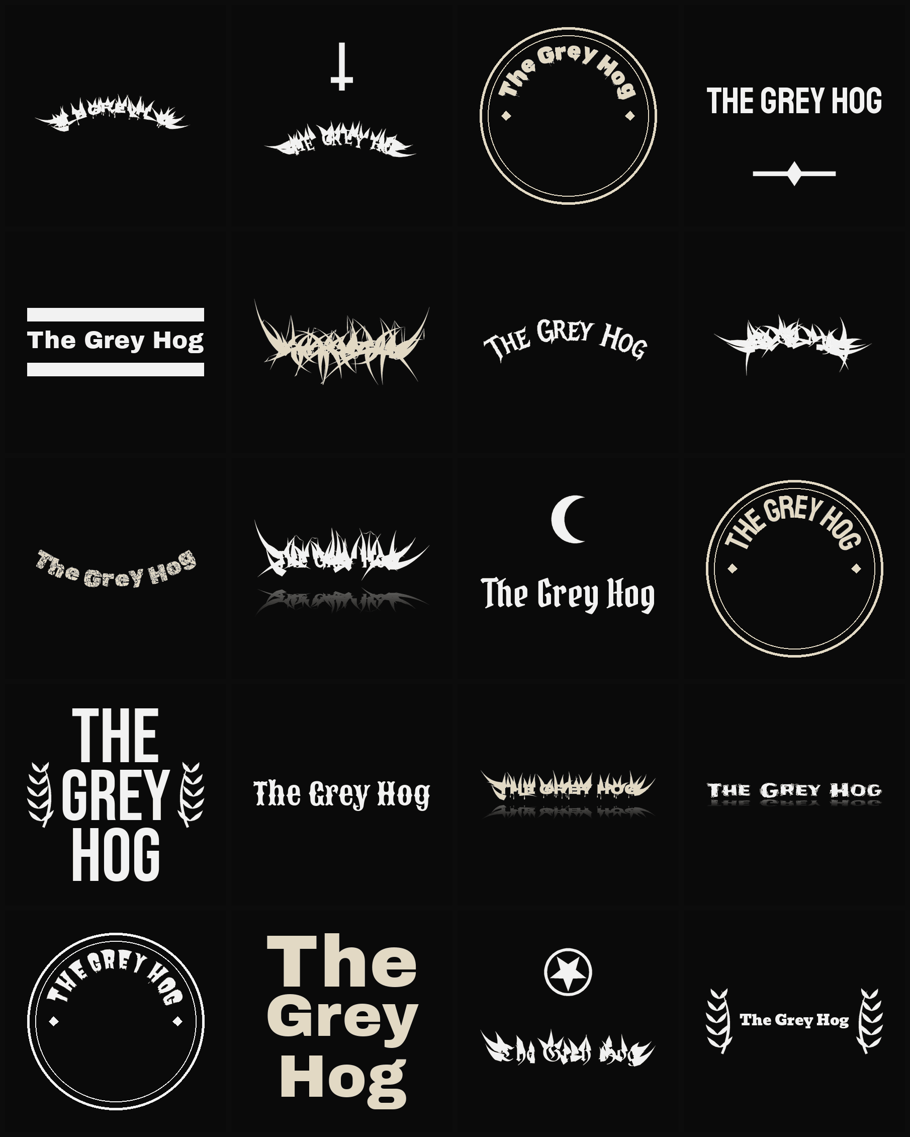 Twenty The Grey Hog band logo ideas — different faces, treatments and spike settings