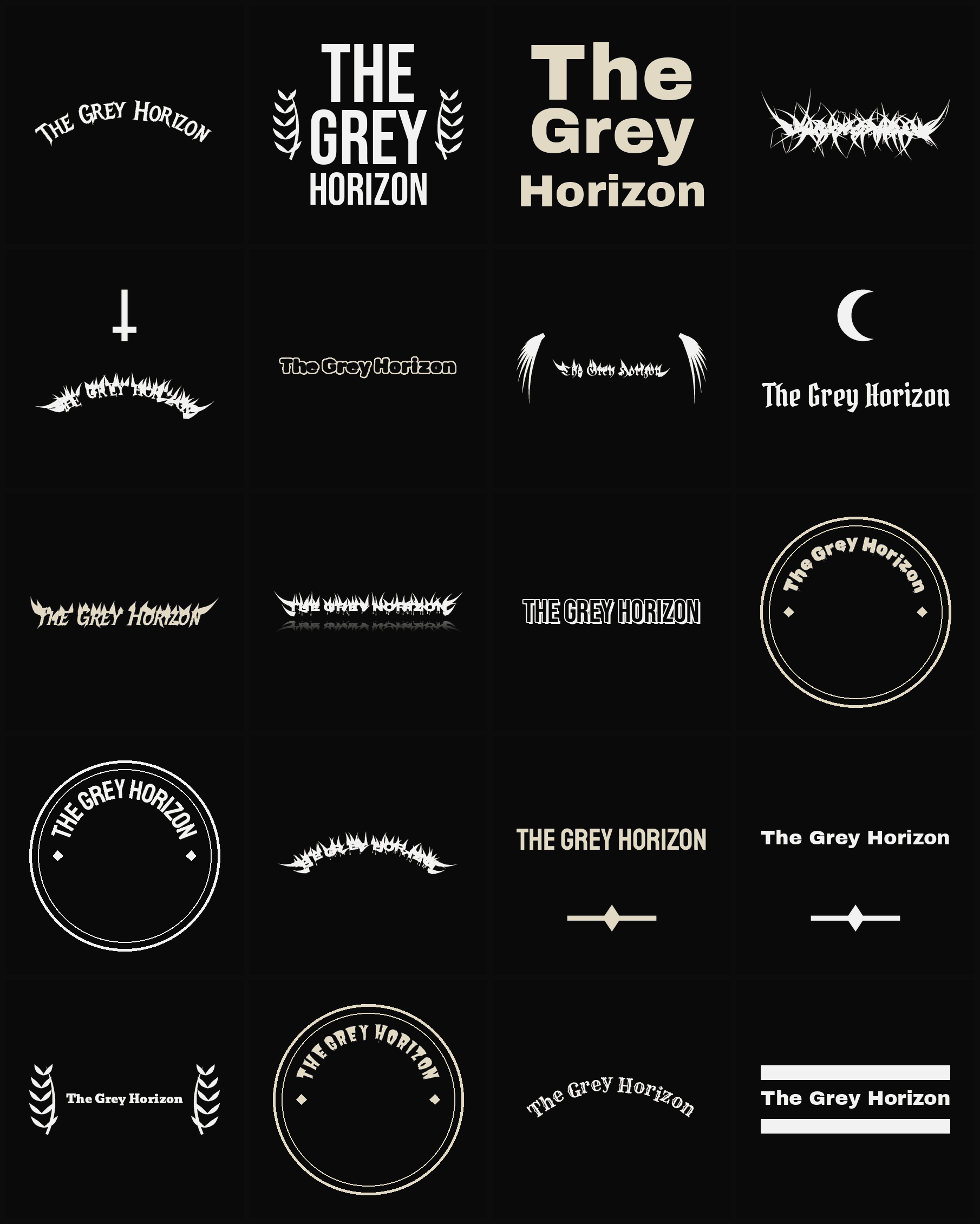Twenty The Grey Horizon band logo ideas — different faces, treatments and spike settings