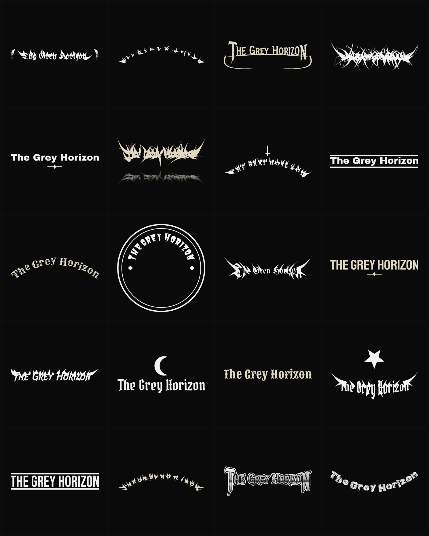 Twenty The Grey Horizon band logo ideas — different faces, treatments and spike settings