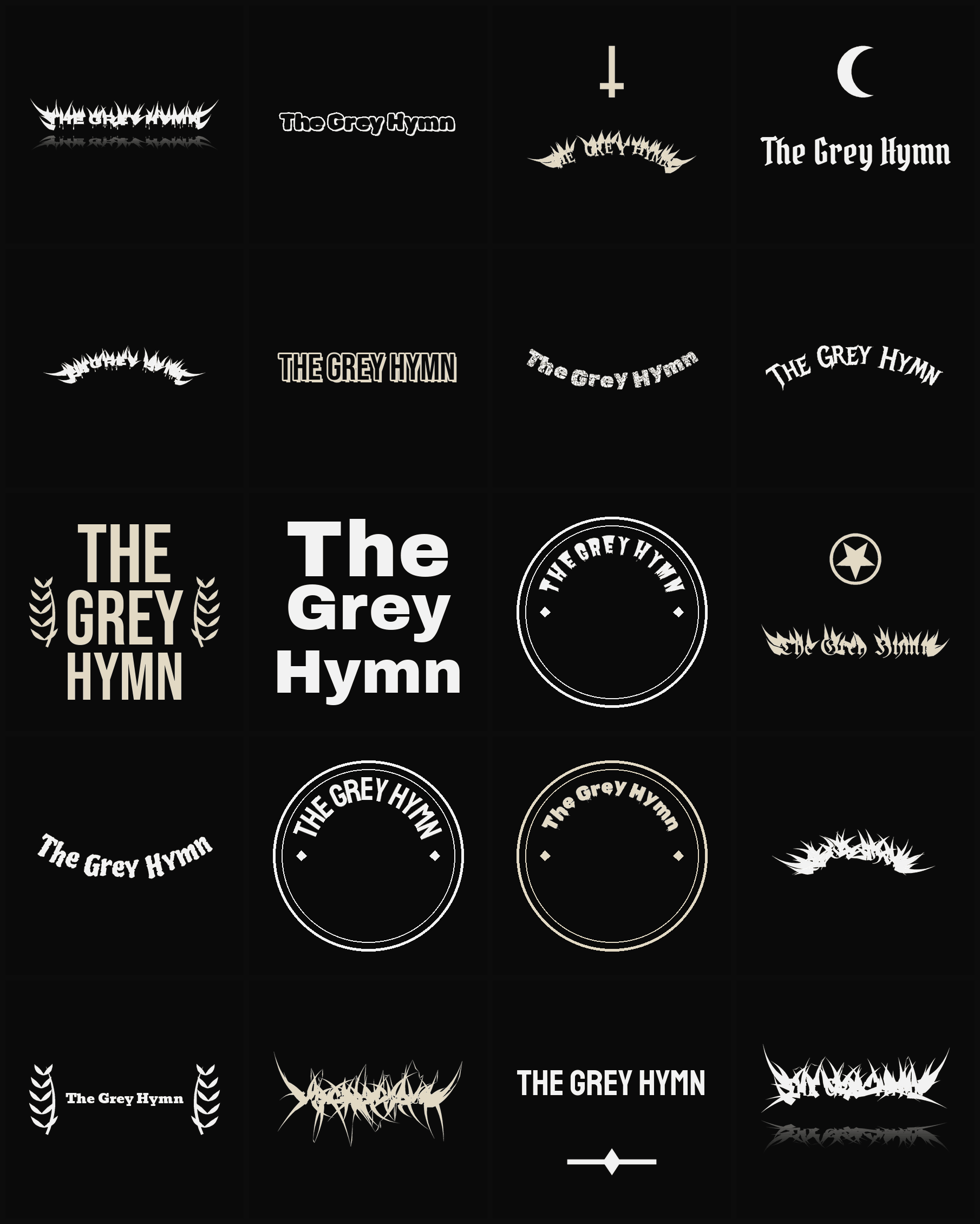 Twenty The Grey Hymn band logo ideas — different faces, treatments and spike settings